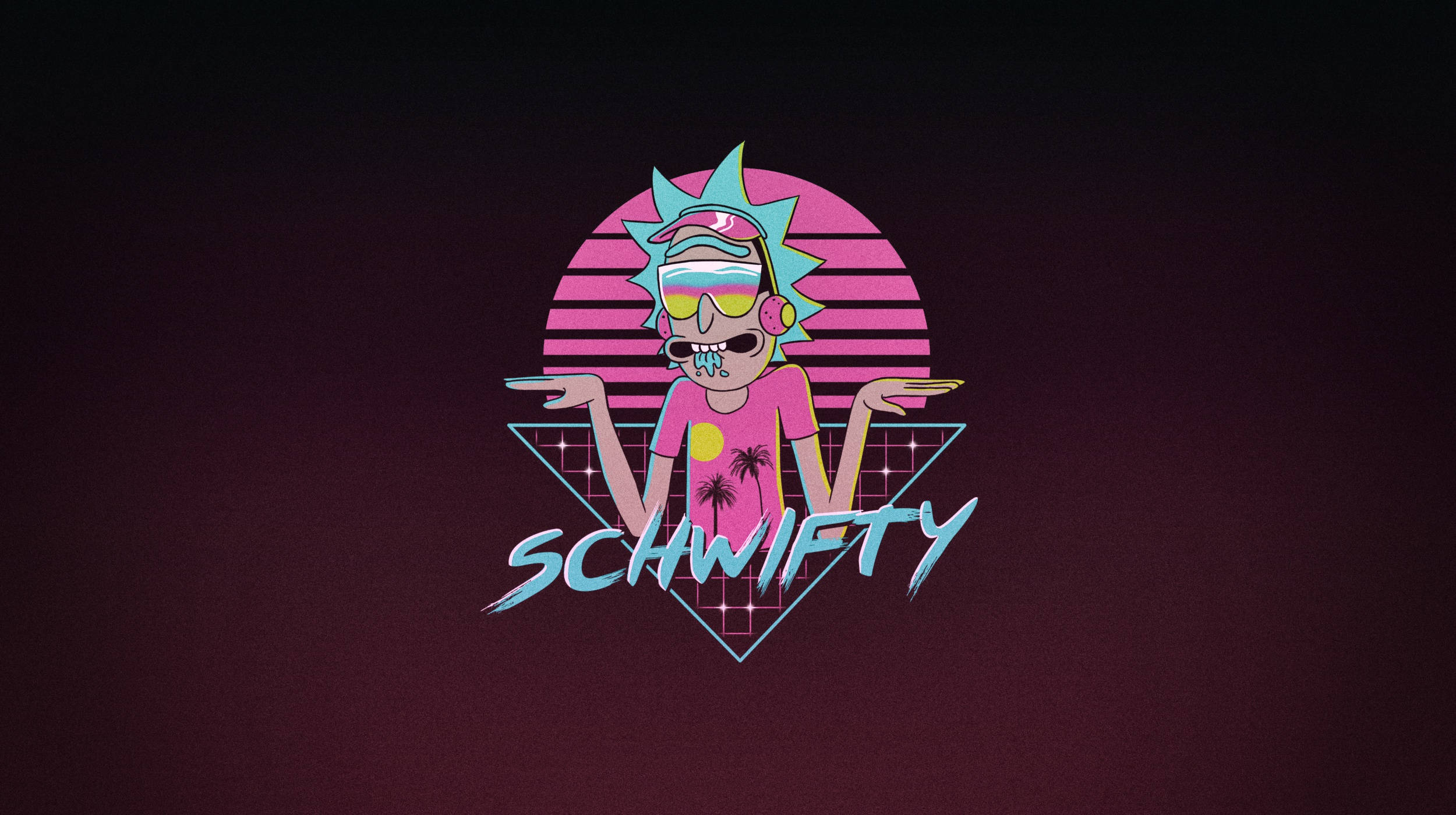 超殺的瑞克和莫蒂 桌布 壁紙 — Rick Sanchez 戴著復古太陽眼鏡和粉紅色襯衫，在粉紅色日落背景下擺姿勢，帶有霓虹藍色的「SCHWIFTY」文字。