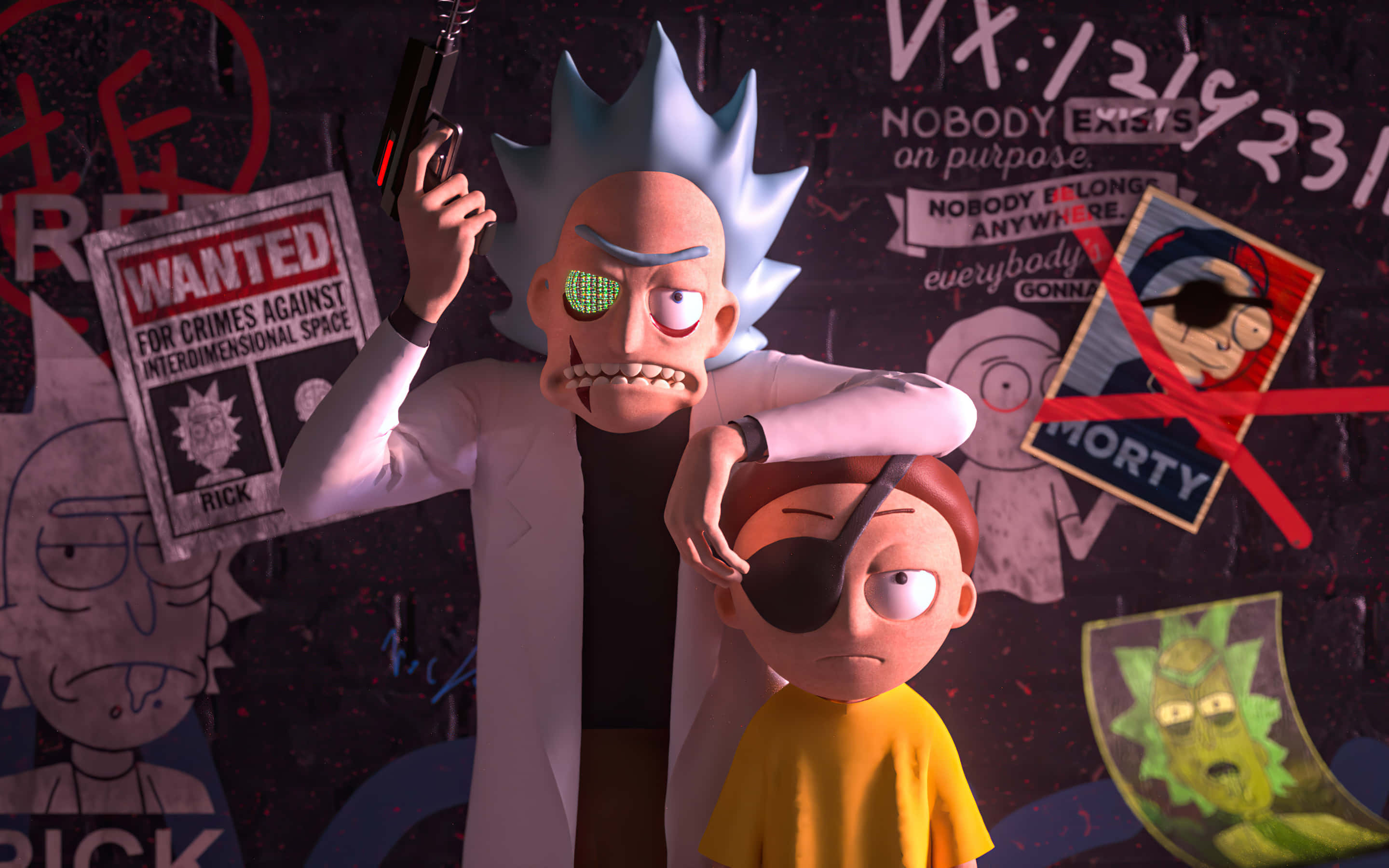 Rick And Morty Macbook 桌布 壁紙 — Rick Sanchez 手持槍枝，而 Morty Smith 在一個貼滿海報和塗鴉的雜亂房間裡看著。