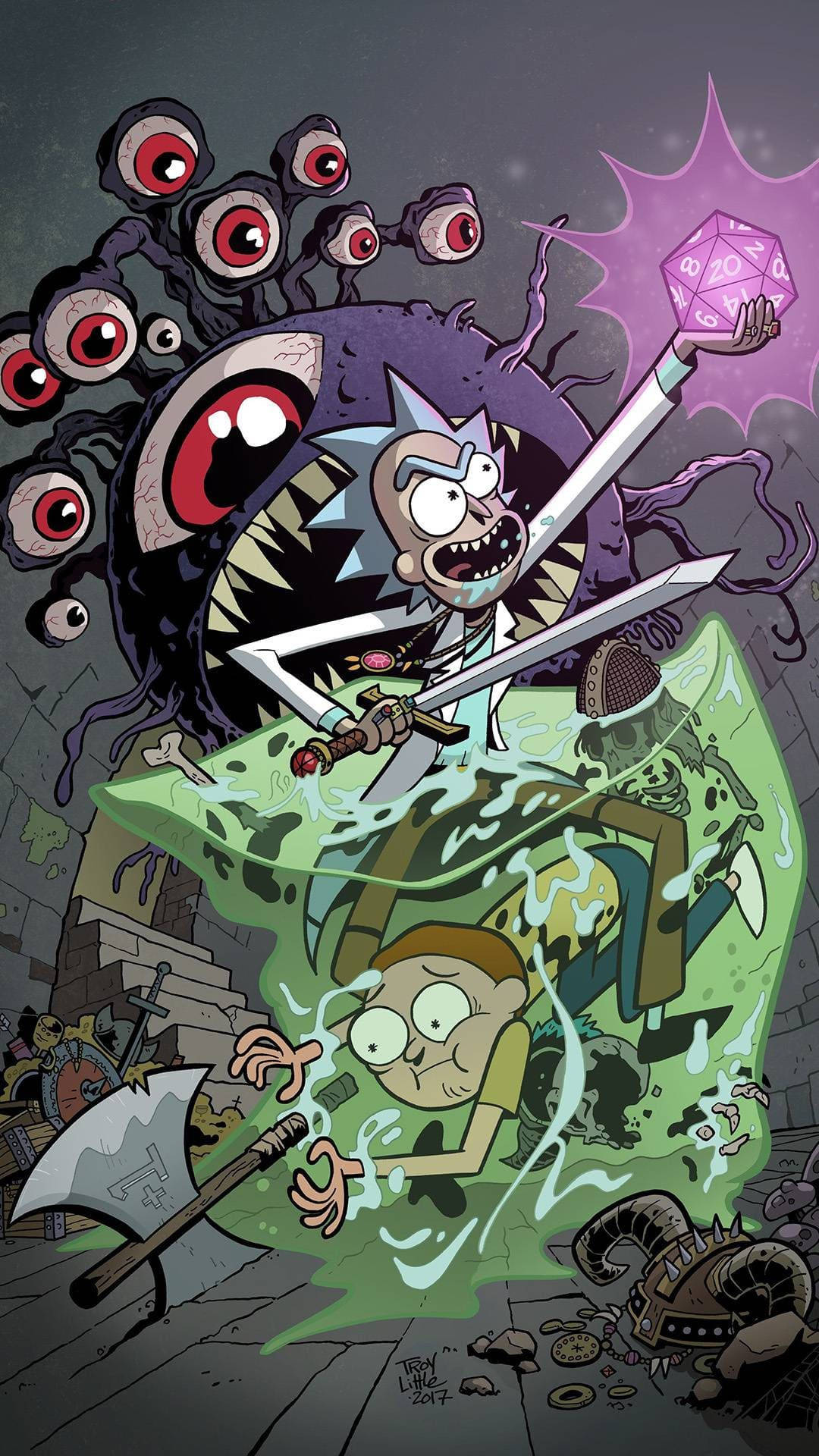 瑞克和莫蒂 桌布 壁紙 — Rick Sanchez 揮舞著劍和發光的骰子，在地牢中與一隻怪異的眼球生物戰鬥，而Morty Smith則驚恐萬分。