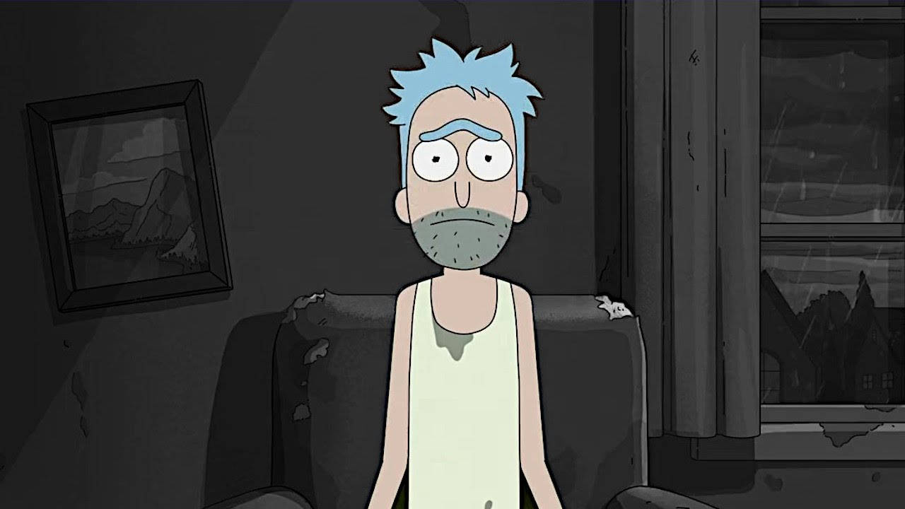瑞克和莫蒂 桌布 壁紙 — Rick Sanchez 癱坐在一張破舊的沙發上，房間昏暗下雨，牆上掛著一幅山景畫。