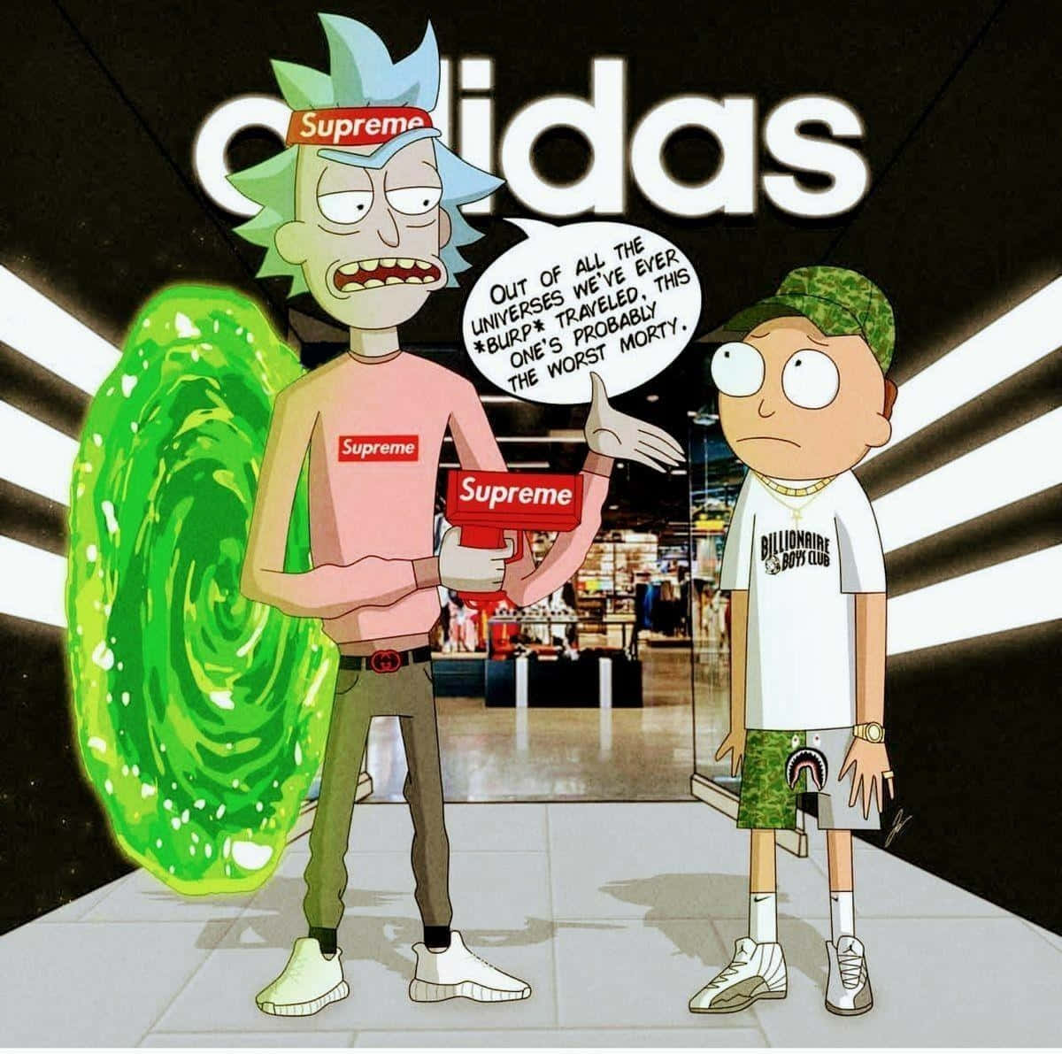 supreme 桌布 壁紙 — Rick Sanchez 穿著 Supreme 裝備，站在 Morty 旁邊，身後有一個綠色傳送門的運動鞋店。