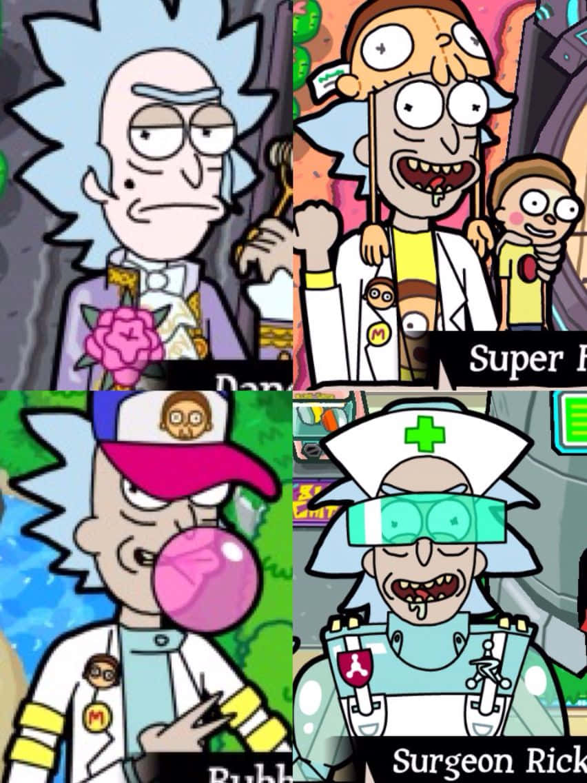 The Council Of Ricks 桌布 壁紙 — Rick Sanchez 穿著四種喜劇服裝，包括超級英雄護士和吹泡泡的科學家，背景是充滿活力的卡通背景。