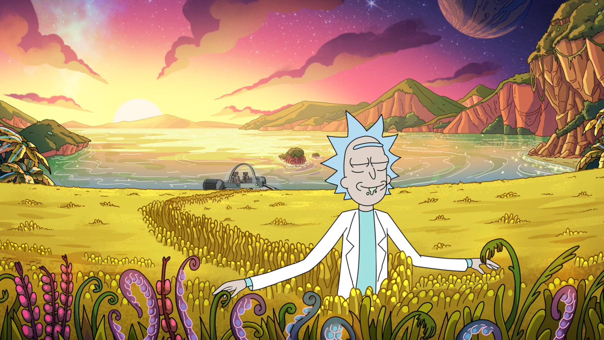 瑞克和莫蒂 桌布 壁紙 — Rick Sanchez 站在一個充滿活力的外星田野上，夕陽西下，遠處有一艘太空船，星空下。