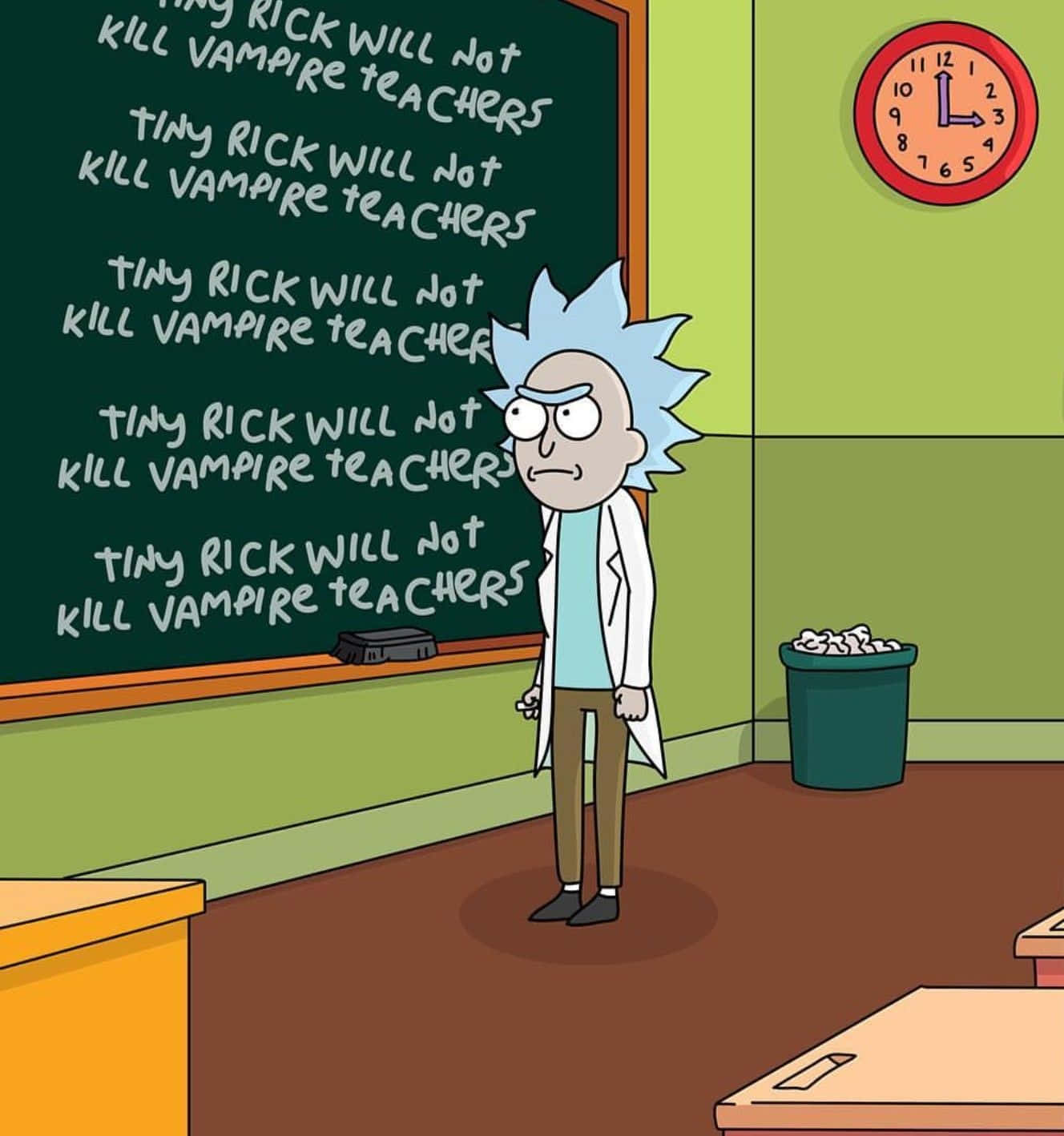 The Council Of Ricks 桌布 壁紙 — Rick Sanchez 站在教室裡，黑板重複寫著「tiny rick will not kill vampire teachers」，時鐘顯示3點鐘。