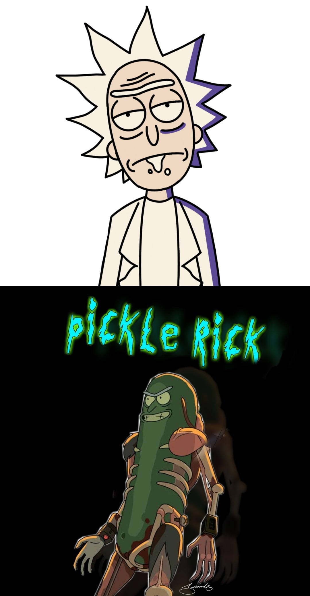 瑞克和莫蒂 桌布 壁紙 — Rick Sanchez 身穿白色實驗室外套，位於發綠色光芒的 Pickle Rick 上方，背景為黑色。