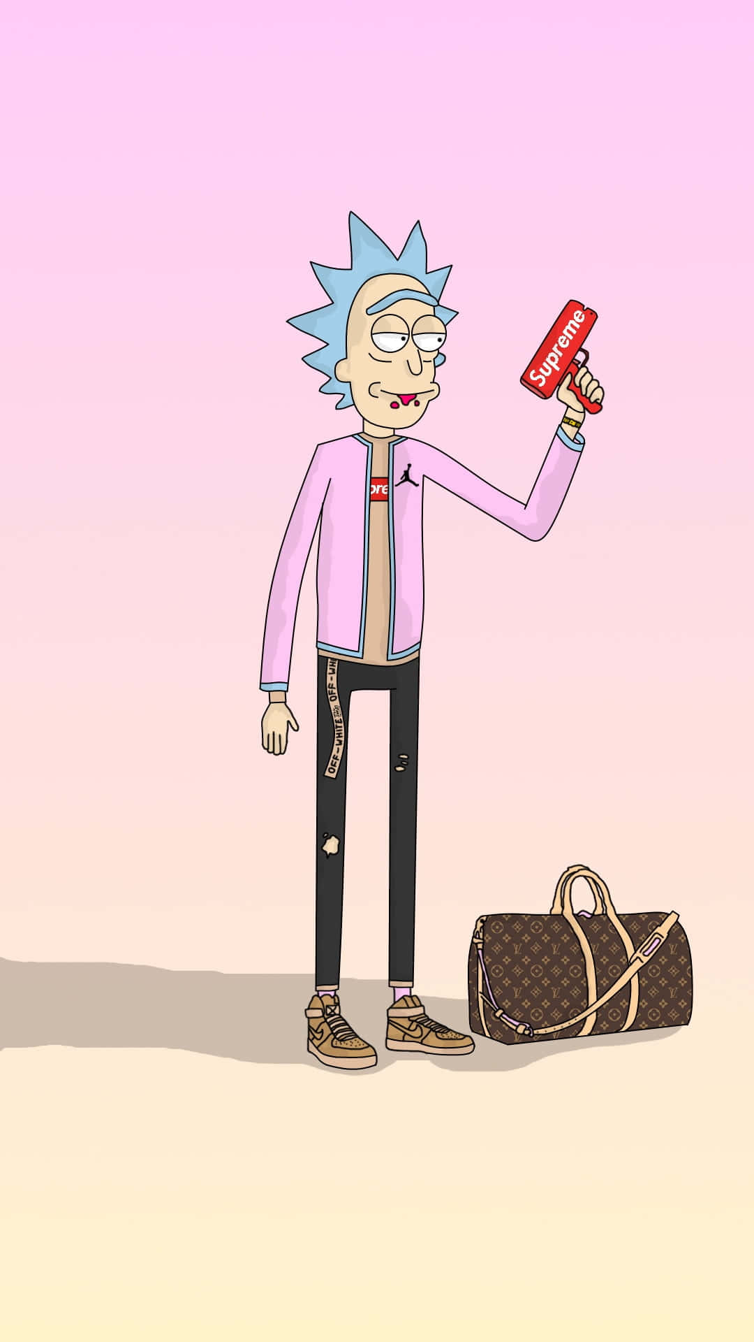 瑞克和莫蒂 桌布 壁紙 — Rick Sanchez 身穿粉紅色外套，在柔和的粉紅色漸變背景前，拿著一個紅色 Supreme 盒子，旁邊放著一個棕色 Louis Vuitton 行李袋。