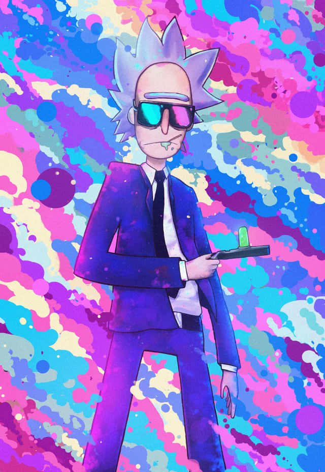 瑞克和莫蒂 桌布 壁紙 — Rick Sanchez 身穿紫色西裝和太陽眼鏡，自信地站在粉紅色、藍色和黃色的鮮豔潑濺背景前。
