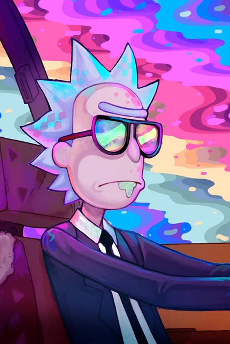 Cartoon 桌布 壁紙 — Rick Sanchez 身穿西裝和太陽眼鏡，流著口水，背景是迷幻漩渦。