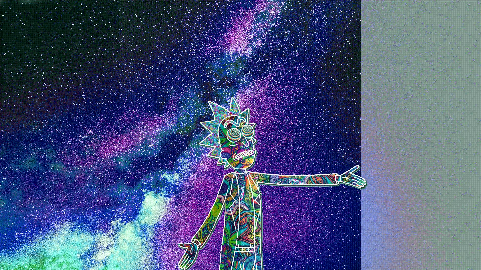 rick 桌布 壁紙 — Rick Sanchez 雙臂張開，站在充滿旋轉紫色、藍色和綠色的鮮豔宇宙星雲前。