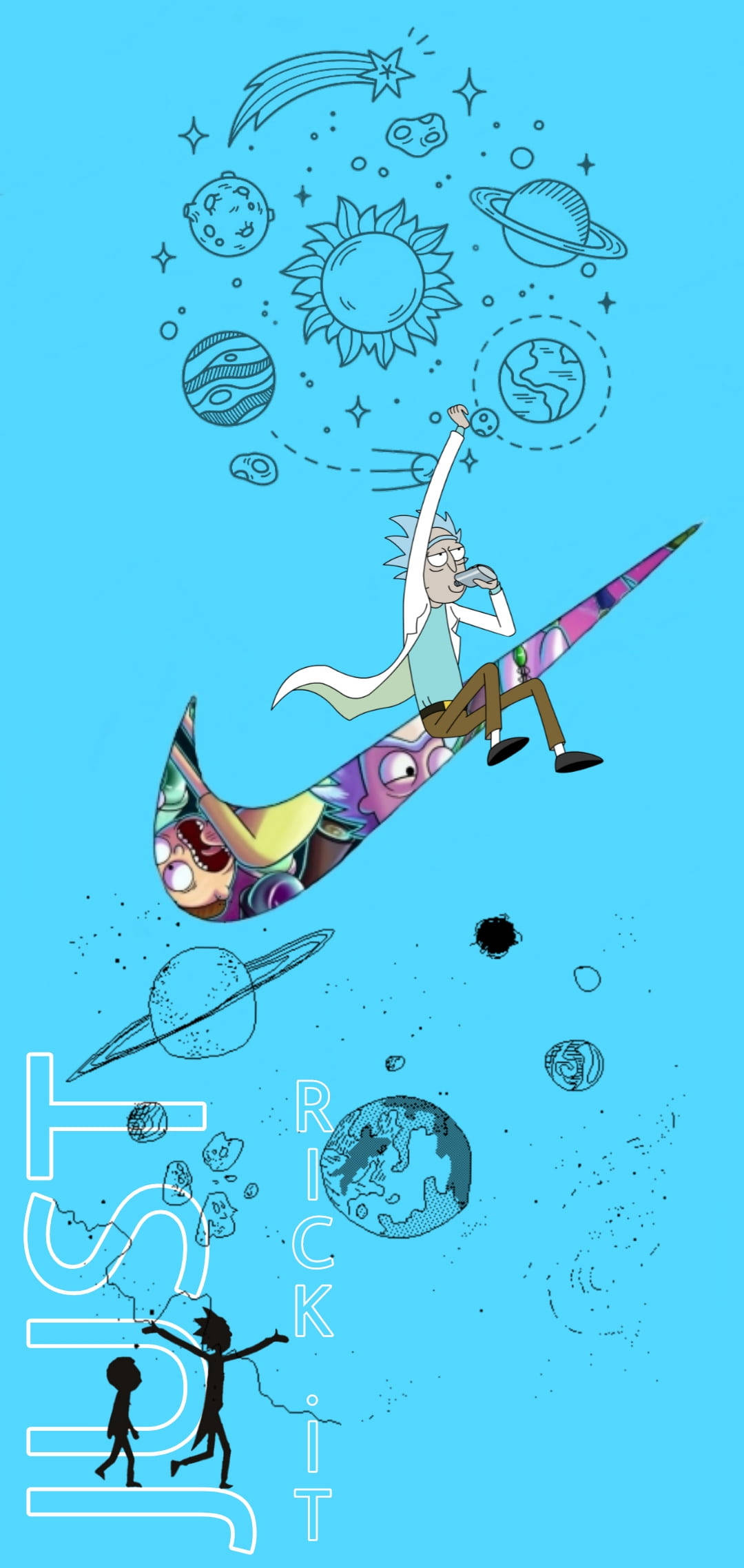 Nike 桌布 壁紙 — Rick Sanchez 騎著一個宇宙級的Nike勾勾穿過充滿行星和恆星的鮮豔藍色太空。