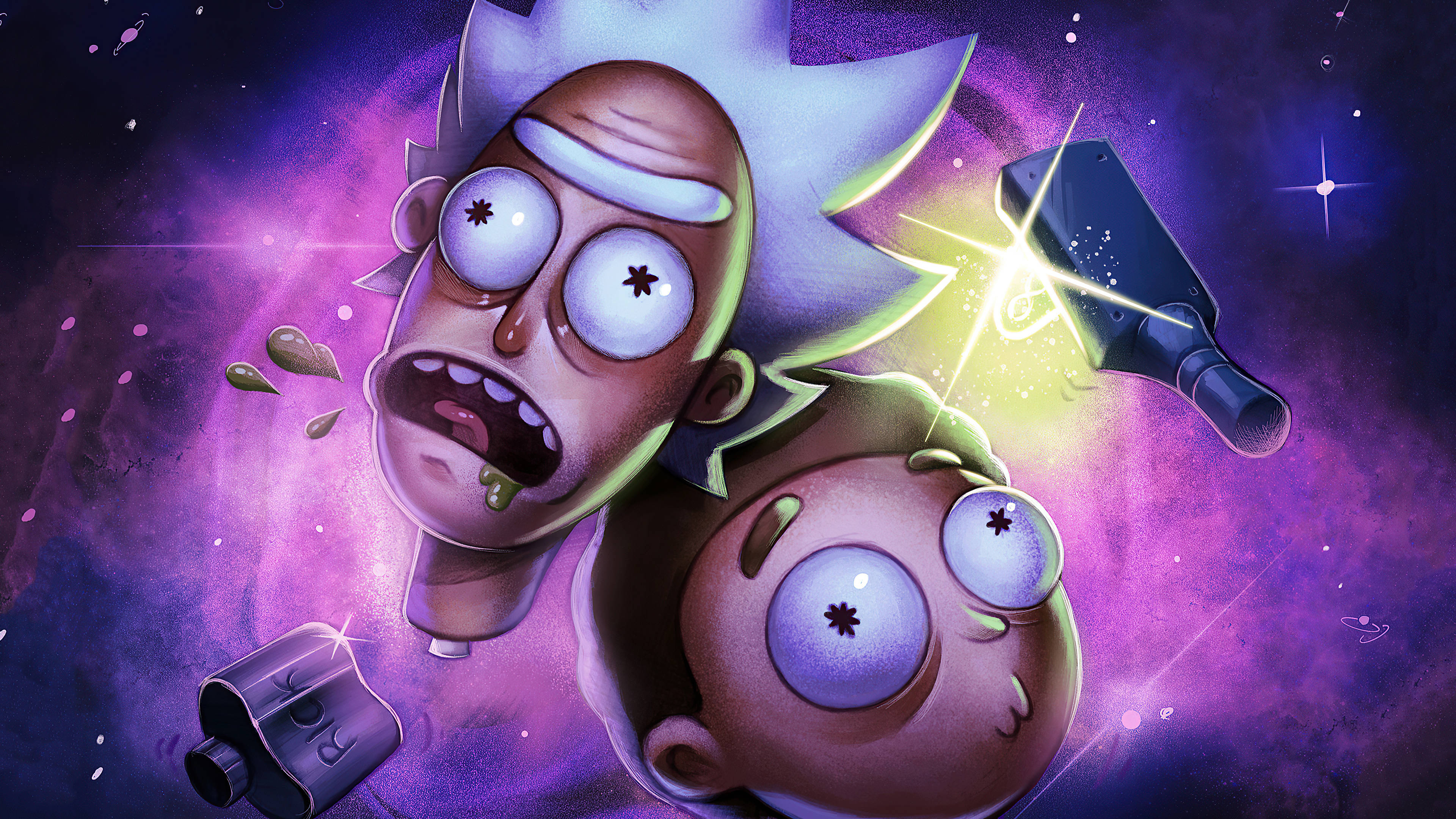 超殺的瑞克和莫蒂 桌布 壁紙 — Rick 和 Morty 漂浮在宇宙紫色虛空中，周圍有發光的眼睛和漂浮的小工具。