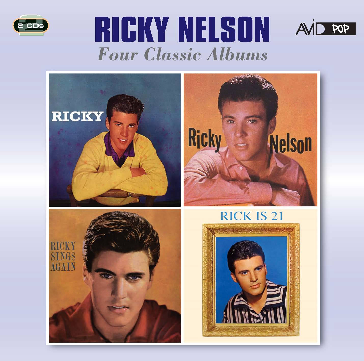Album Cover 桌布 壁紙 — Ricky Nelson 的四張經典肖像照在彩色背景上的復古專輯封面拼貼。