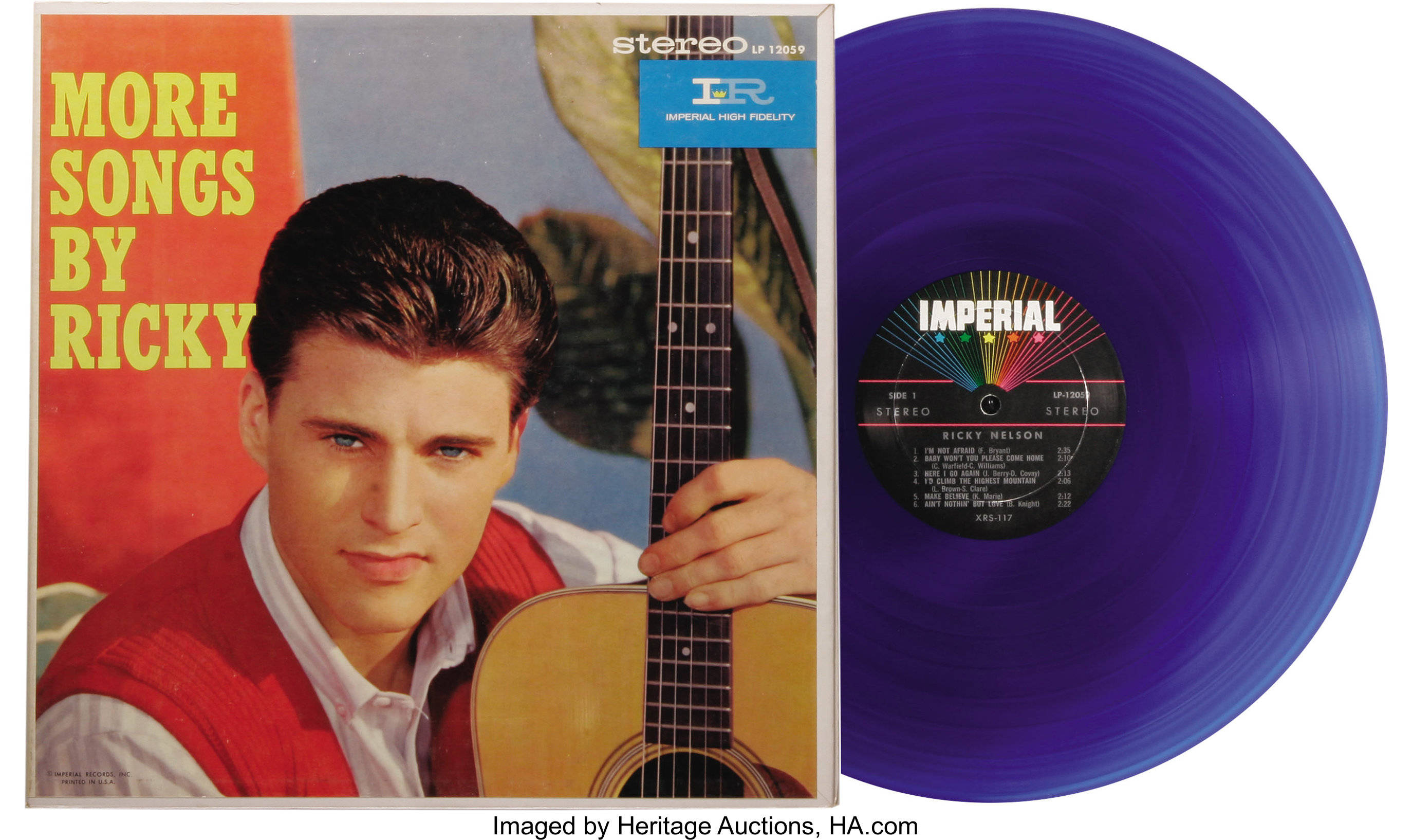 Album Cover 桌布 壁紙 — Ricky Nelson 的復古專輯封面，他拿著一把木吉他，旁邊是一張充滿活力的紫色黑膠唱片。