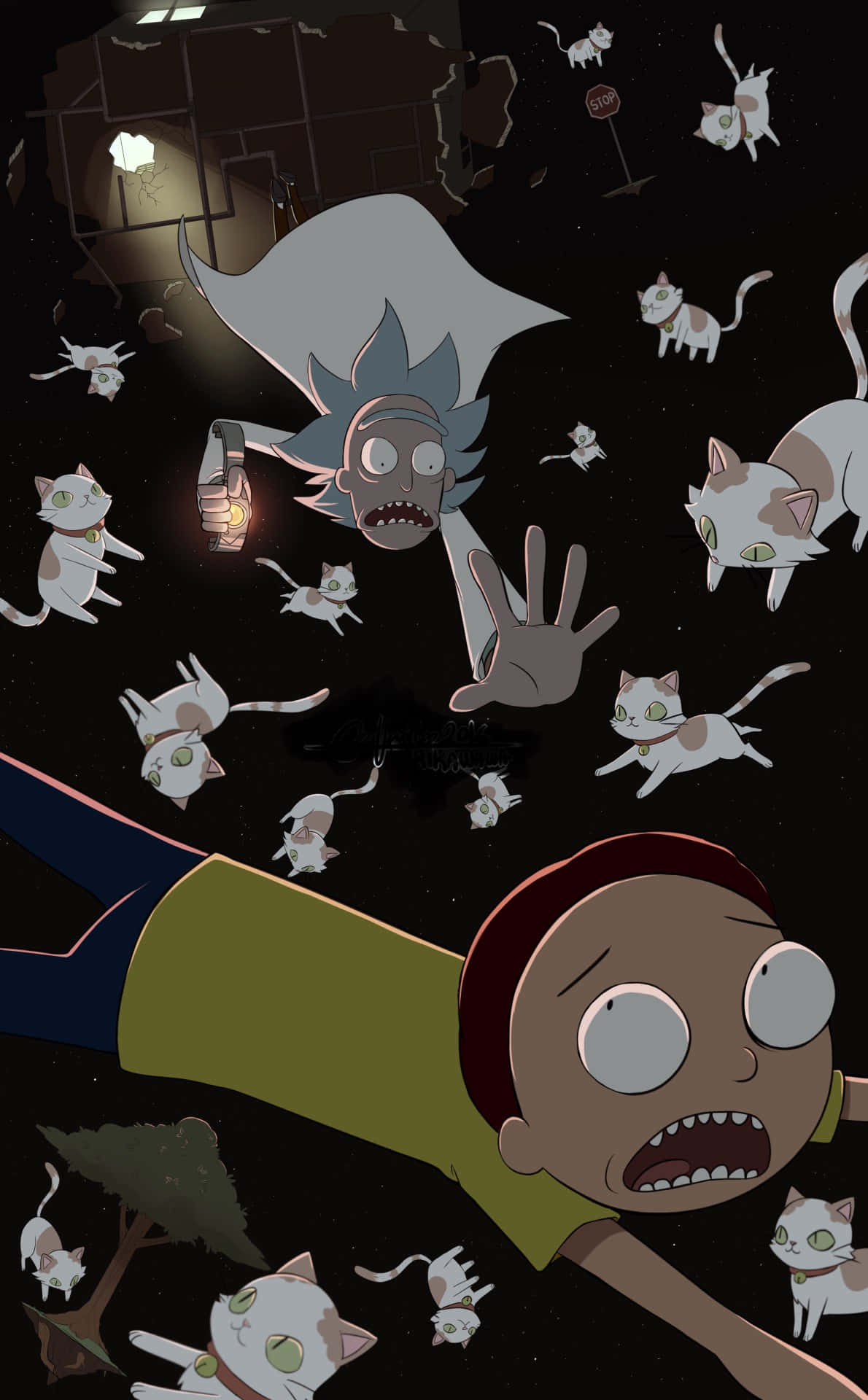Schrodinger's Cat 桌布 壁紙 — Rick和Morty漂浮在太空中，周圍是表情驚恐的漂浮貓咪。