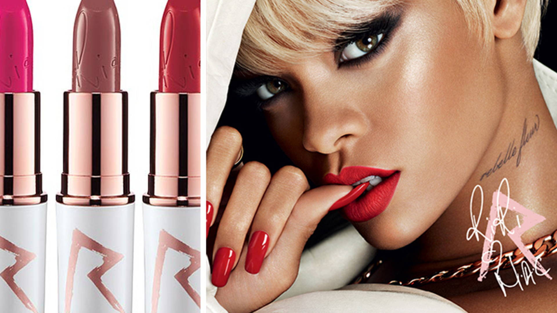 Cosmetics 桌布 壁紙 — Rihanna 的迷人肖像，擁有鮮豔的紅唇和相配的指甲，旁邊是三支粉紅玫瑰色調的奢華唇膏。