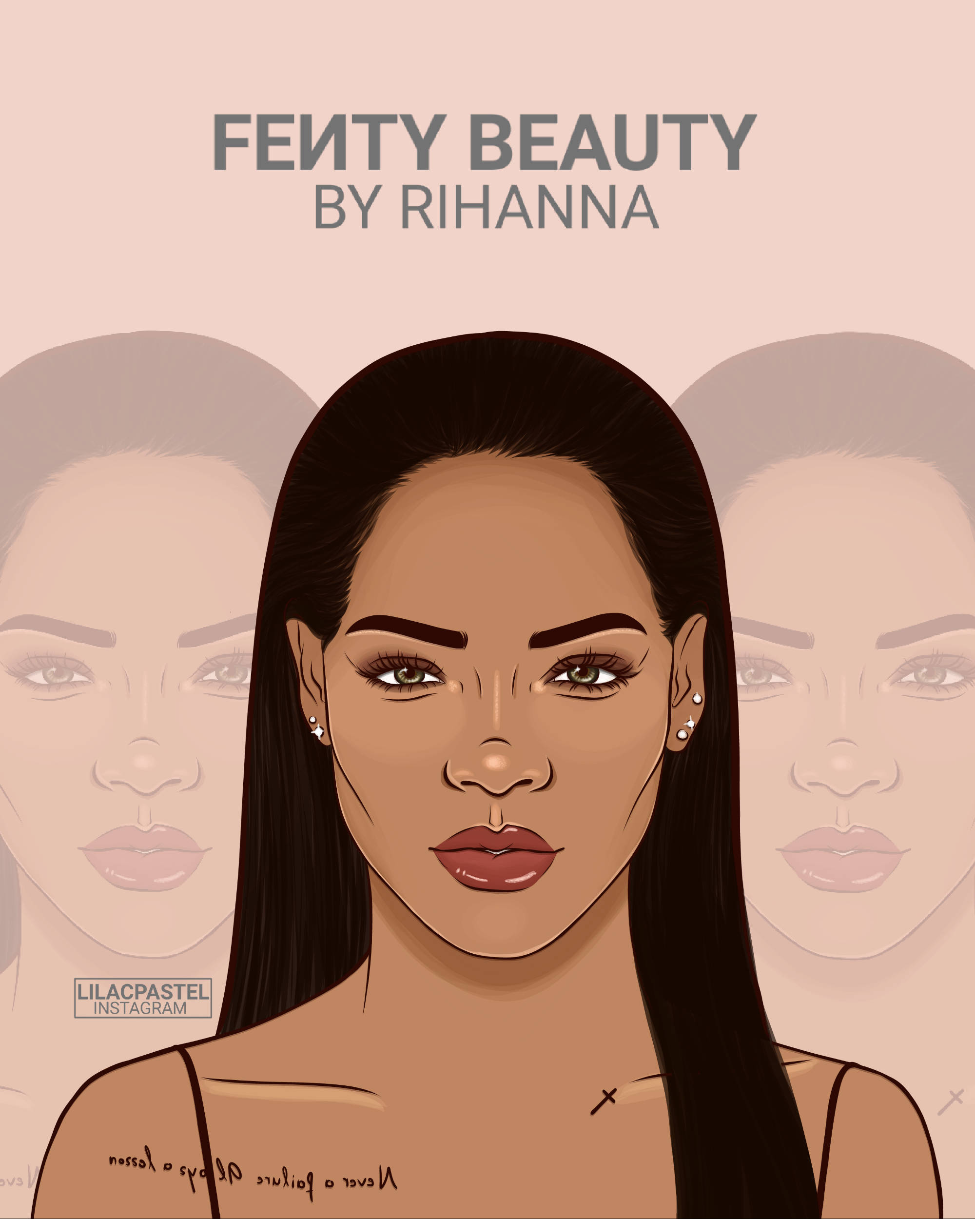 Fenty 桌布 壁紙 — Rihanna 的風格化插圖，長黑髮和鮮豔化妝，背景是柔和的粉紅色，她的臉在後面隱約重複。