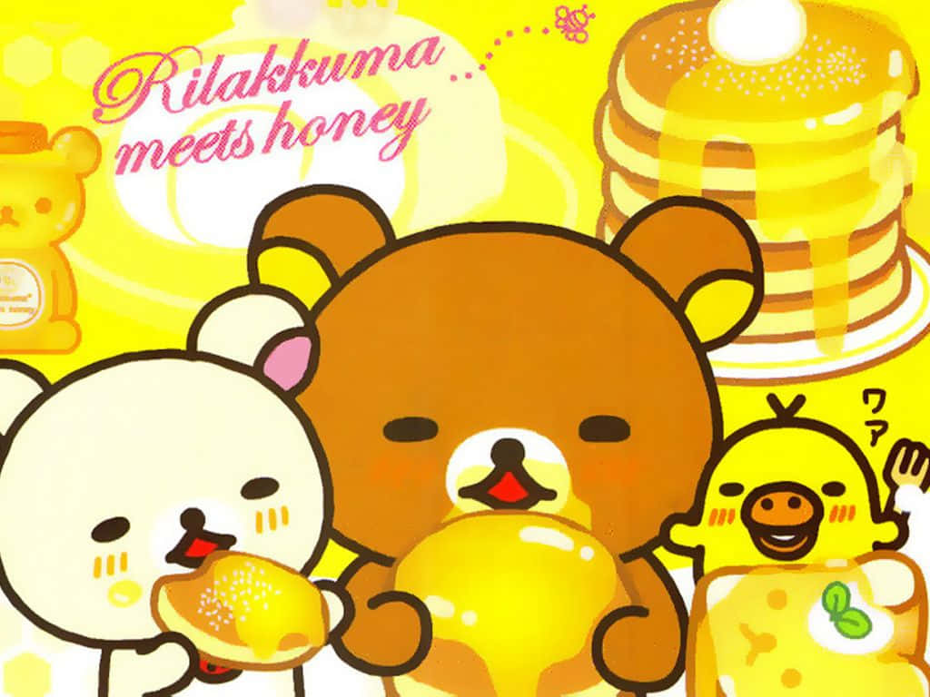 Pancakes 桌布 壁紙 — Rilakkuma 和朋友們在帶有蜂巢圖案的亮黃色背景上愉快地享用蜂蜜煎餅。