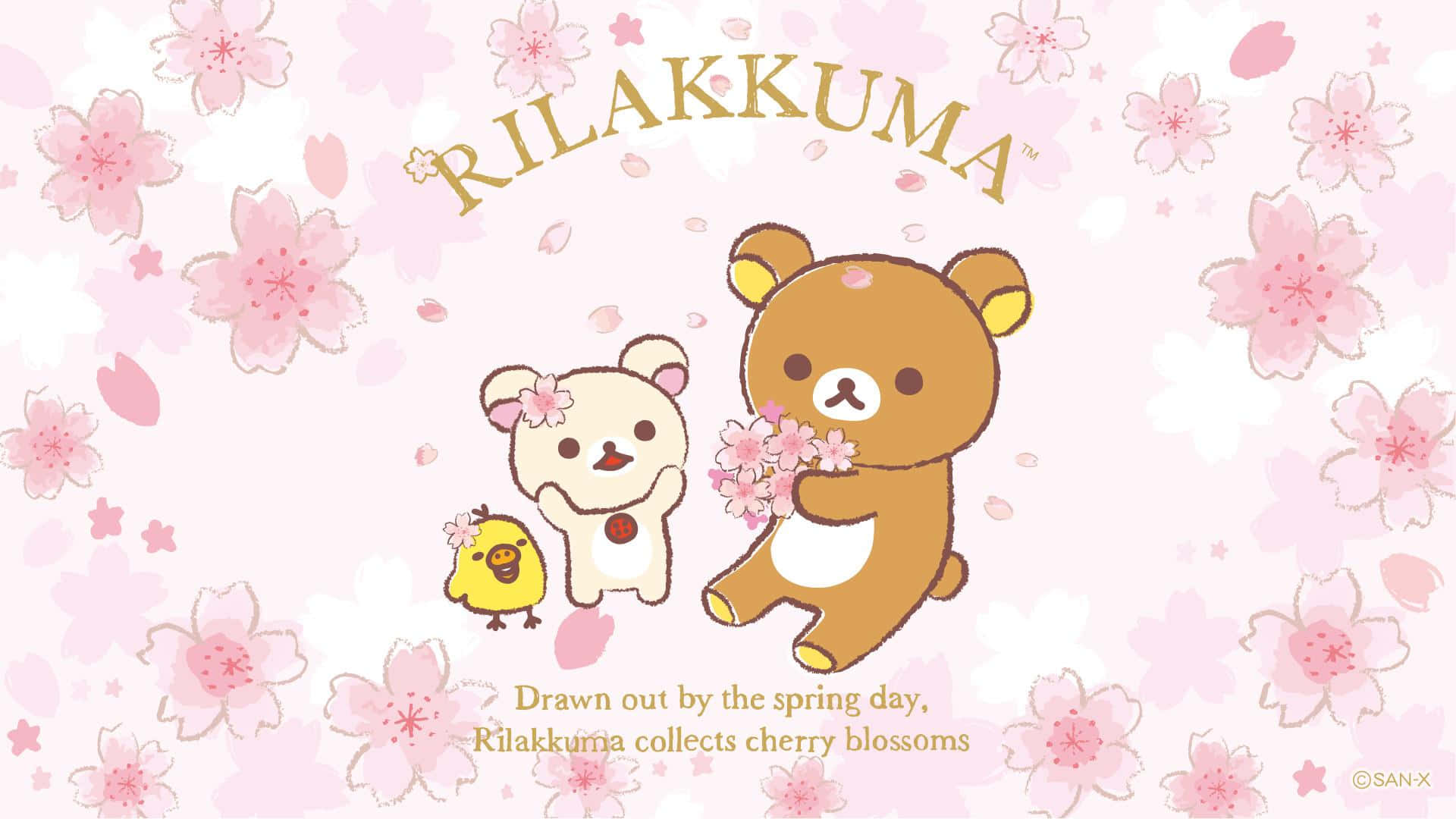 懶懶熊 桌布 壁紙 — Rilakkuma 和朋友們在柔和的粉紅色花卉背景下愉快地收集櫻花。