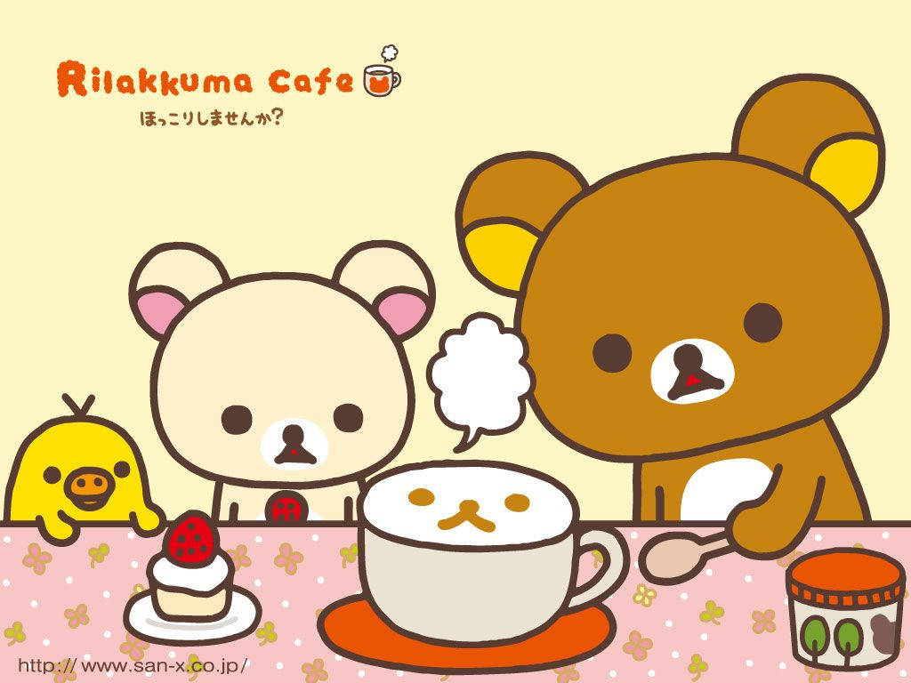 懶懶熊 桌布 壁紙 — Rilakkuma 和朋友們在舒適的咖啡店享用茶和蛋糕，採用柔和色調和可愛卡通角色。