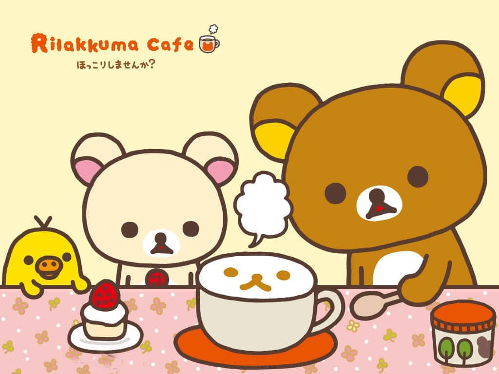 Strawberry 桌布 壁紙 — Rilakkuma 和朋友們在舒適的咖啡廳享用茶和蛋糕，配有粉彩花卉桌布和溫暖的燈光。