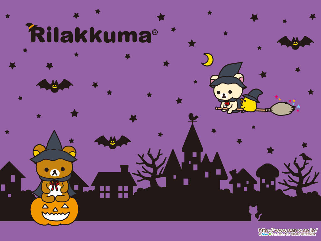 懶懶熊 桌布 壁紙 — Rilakkuma 和朋友們慶祝萬聖節，騎著掃帚在蝙蝠和彎月的詭異紫色夜空中飛翔。