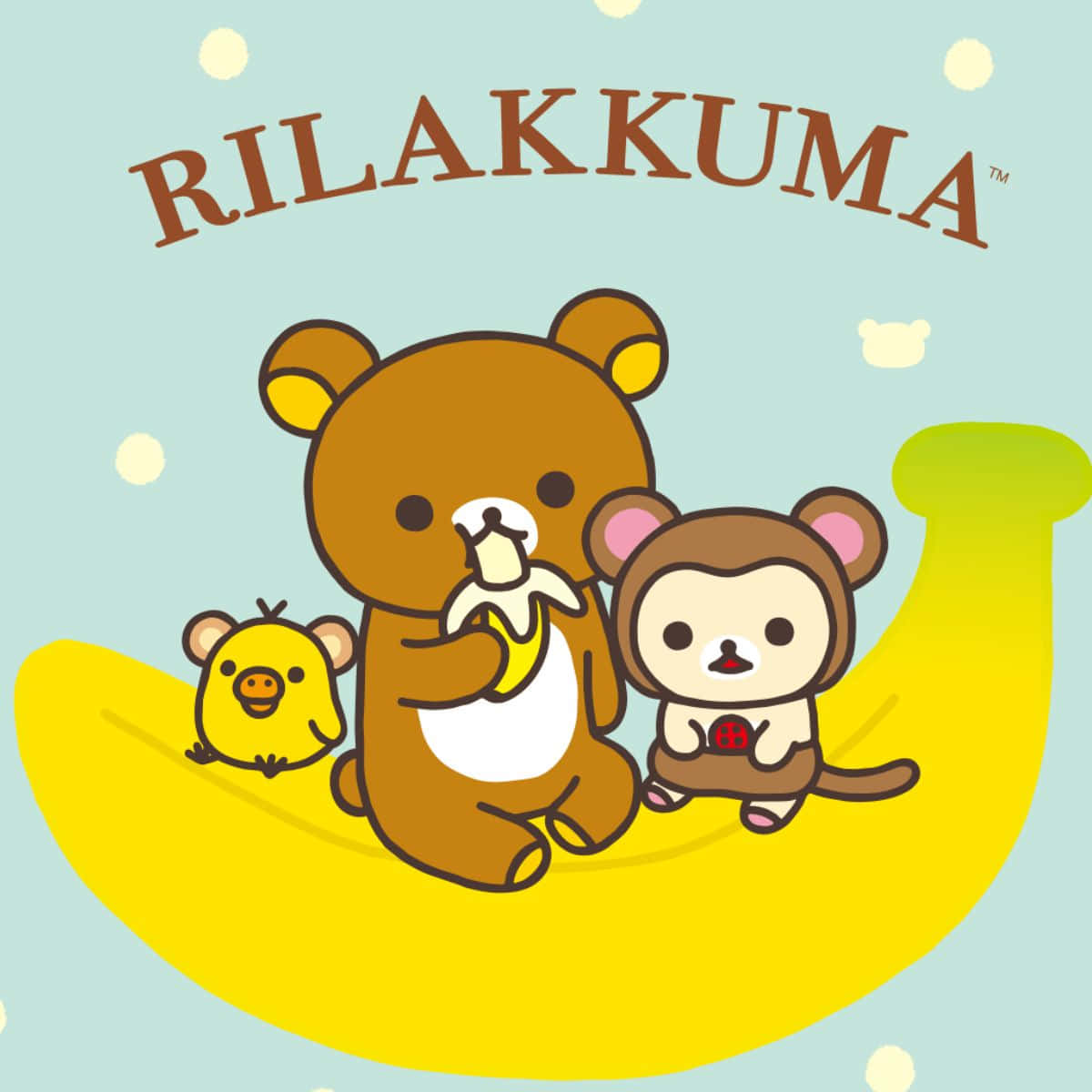 懶懶熊 桌布 壁紙 — Rilakkuma 和朋友們開心地坐在巨型香蕉上，在柔和的粉藍色背景下享用零食。
