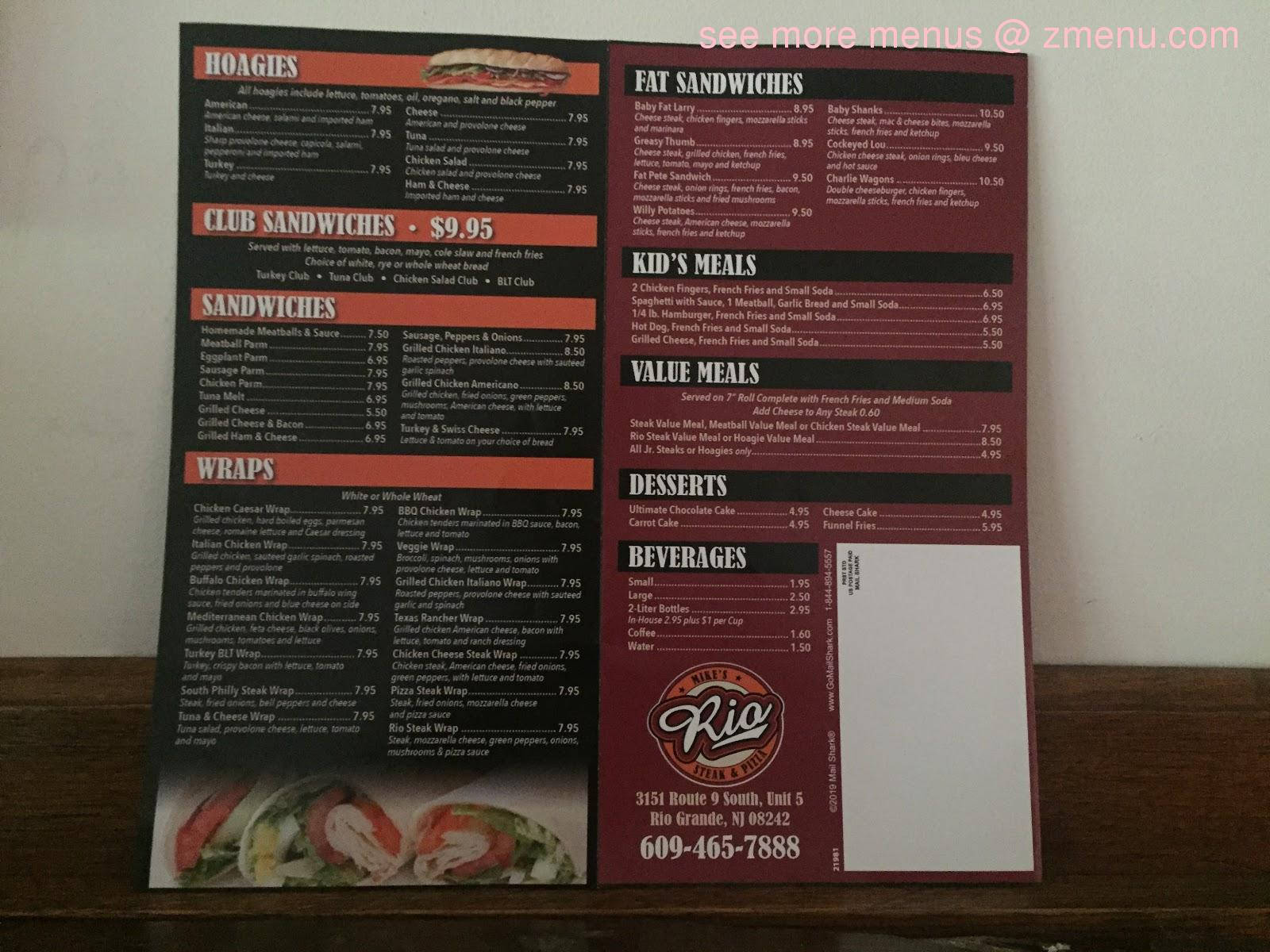 Restaurant 桌布 壁紙 — Rio Grill 的印刷菜單，包含三明治、捲餅、兒童餐、甜點和飲料，附有價格和聯絡資訊。