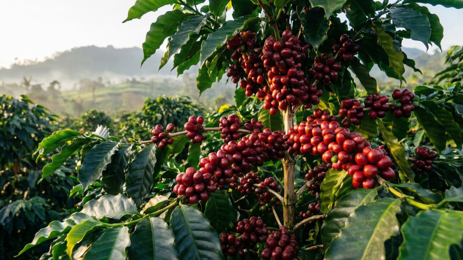 Java Coffee Plantation 壁紙 — 成熟的紅色咖啡櫻桃密集地簇擁在樹上，樹葉寬闊翠綠，背景是霧氣繚繞的山巒。