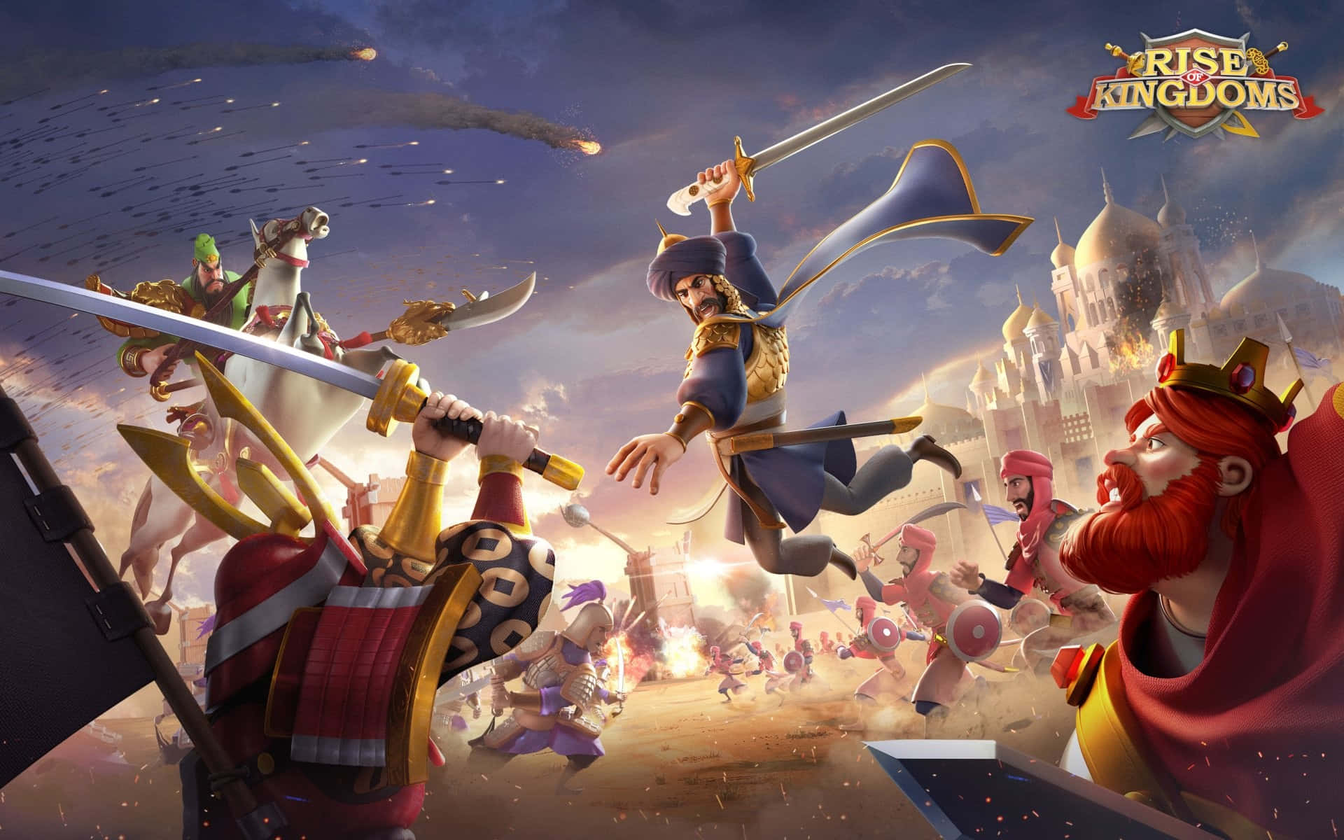 Kingdom 桌布 壁紙 — 《Rise of Kingdoms》中一場動態戰鬥場景，展示戰士們在戲劇性的天空下，於城堡附近用劍和盾牌交戰。