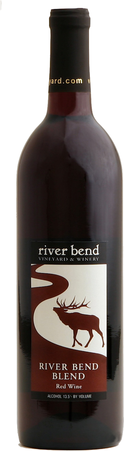 Wine Bottle 桌布 壁紙 — River Bend Vineyard & Winery 的深色玻璃瓶紅酒，標籤上有一個棕色麋鹿剪影，背景為白色和栗色。