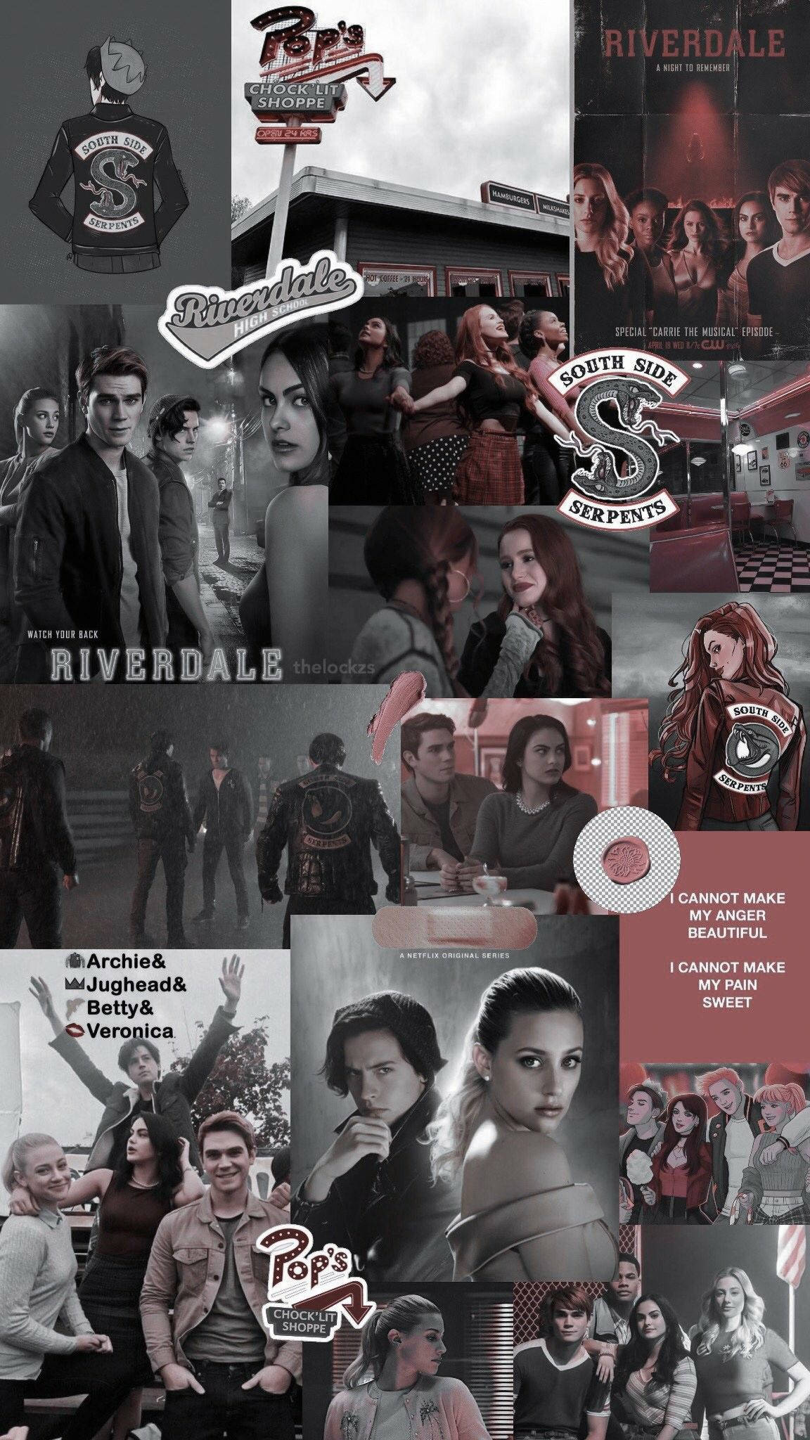 Riverdale 桌布 壁紙 — Riverdale 電視節目場景的拼貼畫，角色處於陰鬱的城市環境中，帶有鮮明的紅色和黑色品牌標識。