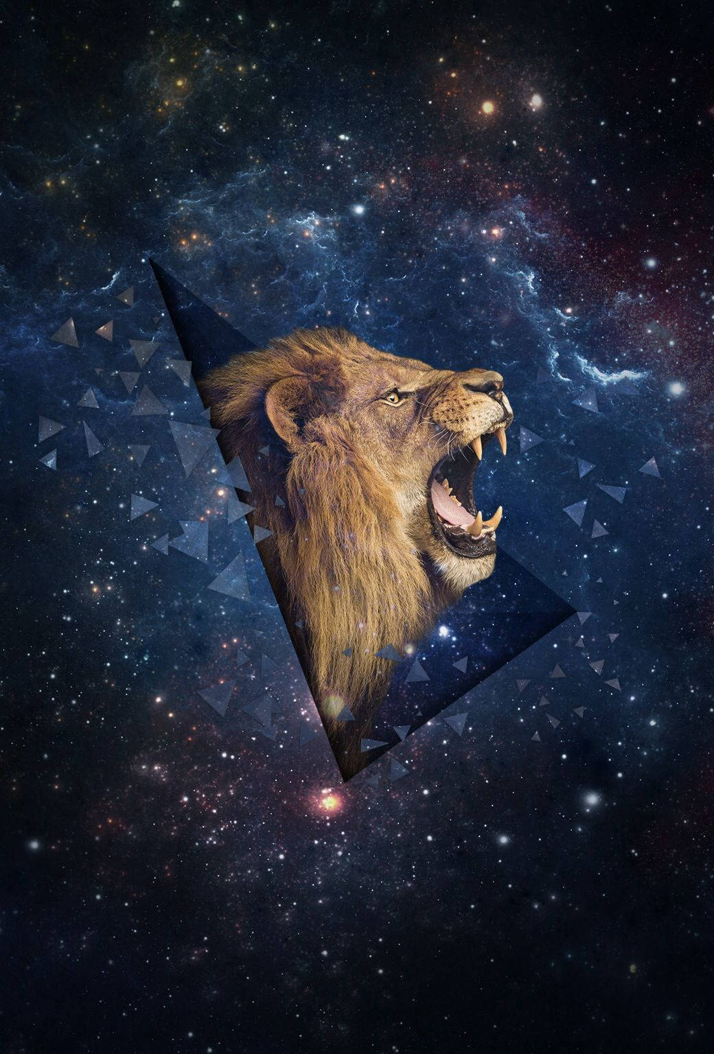 咆哮的獅子頭被三角形框住，背景是星光燦爛的宇宙。 — 3D 壁紙