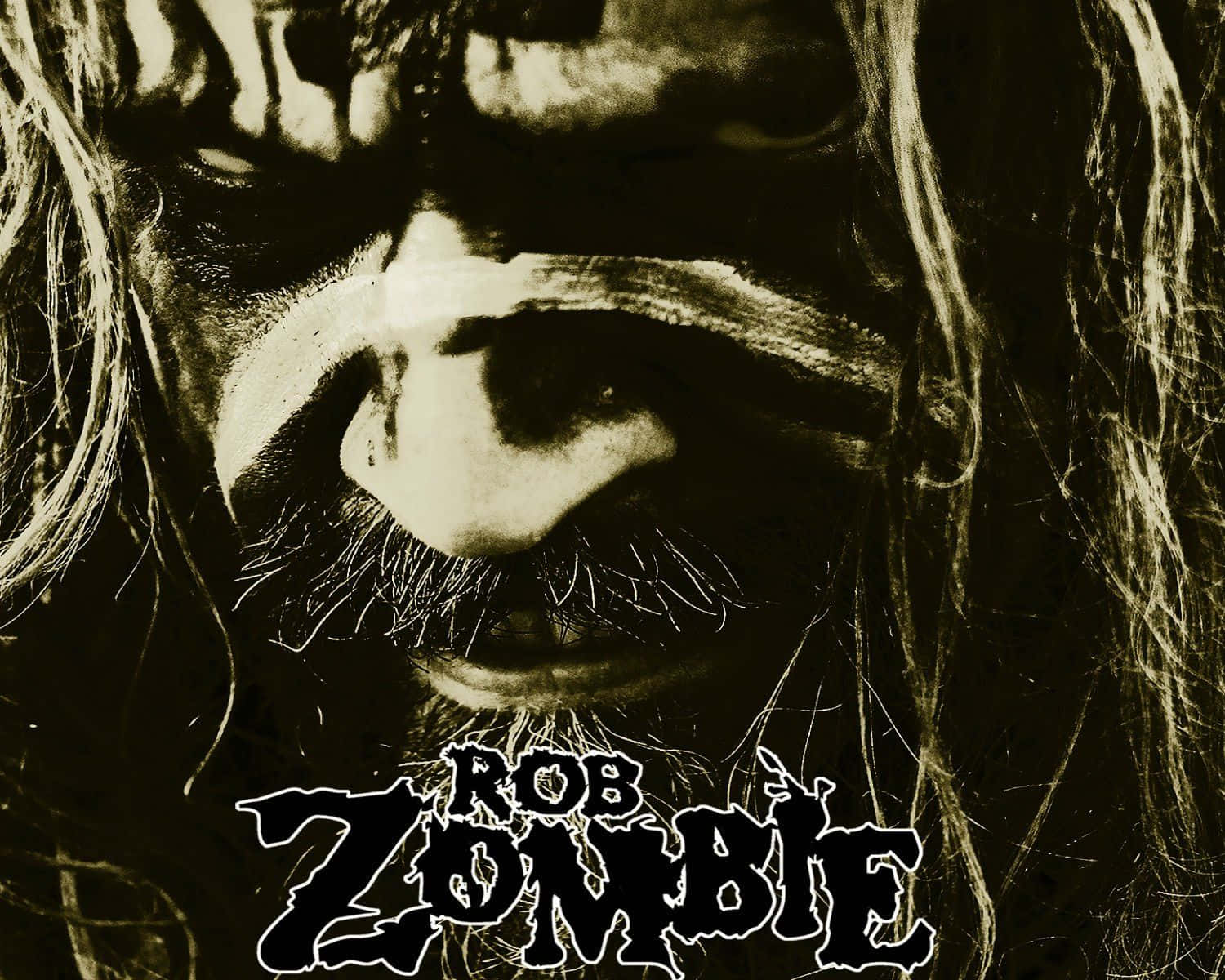 殭屍動圖 桌布 壁紙 — Rob Zombie 的近距离特寫，長髮和哥德式化妝，懷舊棕色調。