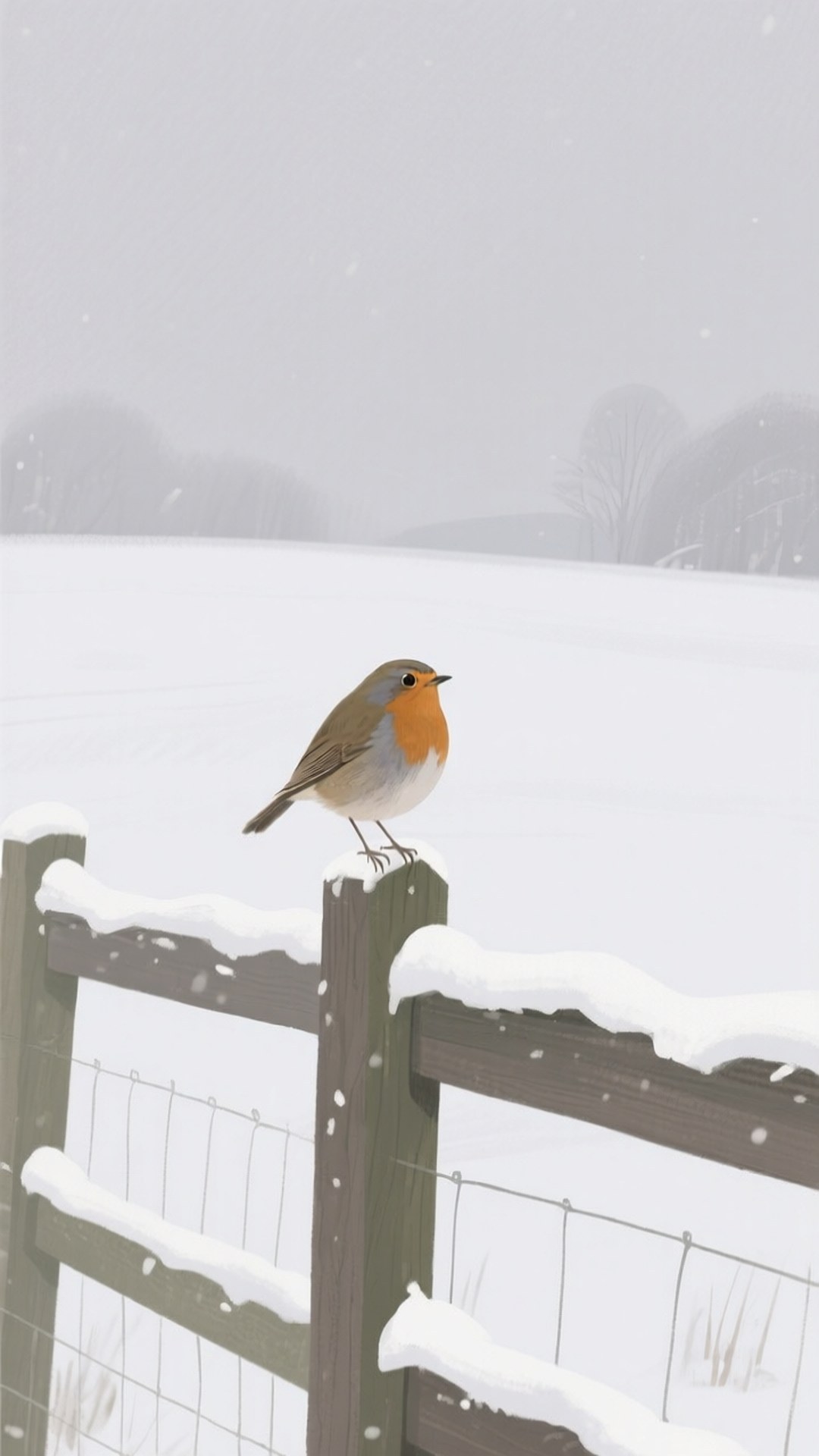 Robin in Snow 壁紙 — 一隻鮮豔的橙色胸脯知更鳥棲息在灑滿雪的木柵欄上，背景是寧靜的冬日雪景。