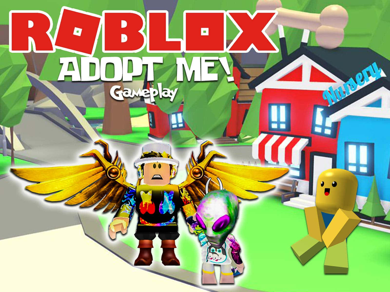 桌布 壁紙 — Roblox Adopt Me! 遊戲場景，角色擁有金色翅膀和發光的外星寵物，位於色彩繽紛的托兒所建築前。