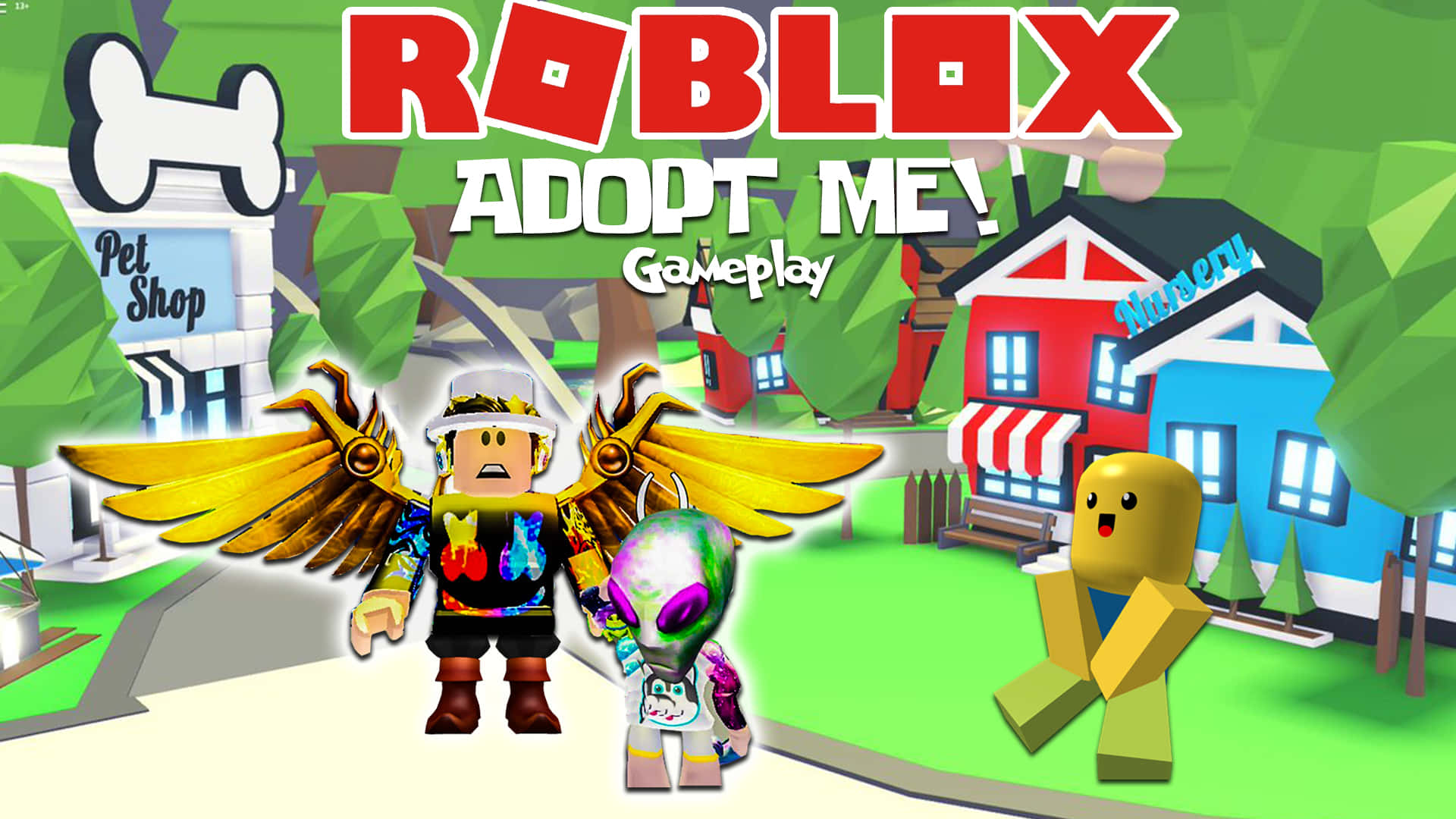 在色彩繽紛的方塊城市中，有翅膀和外星寵物的Roblox Adopt Me!角色。 — Roblox 壁紙