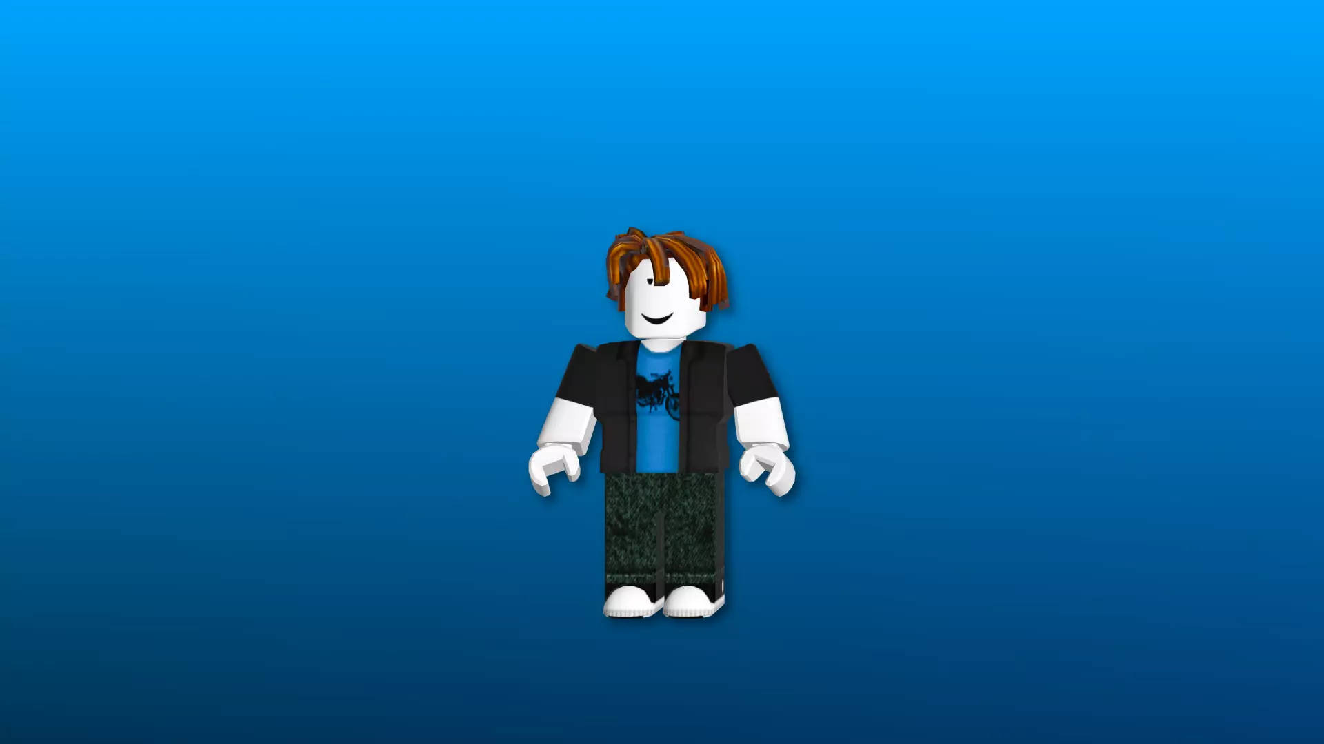 棕色頭髮、黑色外套的 Roblox 虛擬角色，藍色漸變背景 — Roblox 壁紙