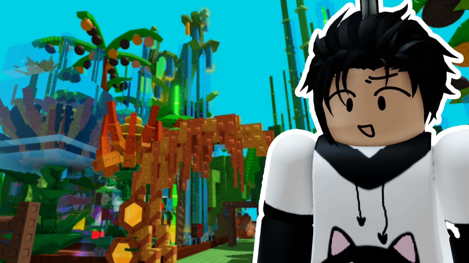  壁紙 — 一個黑色頭髮、穿著貓咪連帽衫的 Roblox 角色，站在一個色彩繽紛、方塊狀的叢林前，叢林中有發光的植物和建築物。