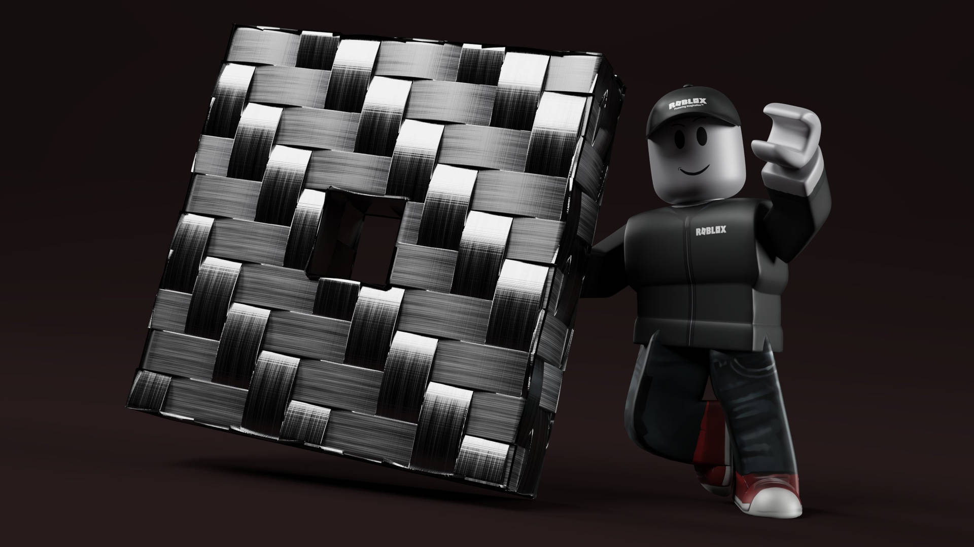 Roblox 角色在昏暗的攝影棚燈光下手持編織金屬立方體。 — Roblox 壁紙