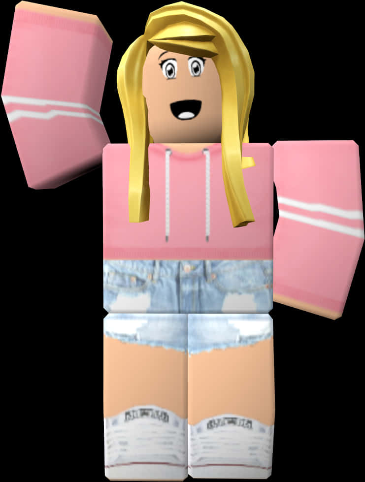 Roblox頭像，金髮，穿著粉紅色連帽衫和牛仔短褲。 — 3D 壁紙