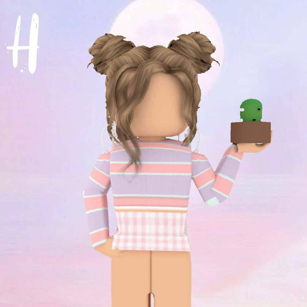Roblox 角色在粉彩天空下，於發光的月亮下拿著仙人掌。 — Roblox 壁紙
