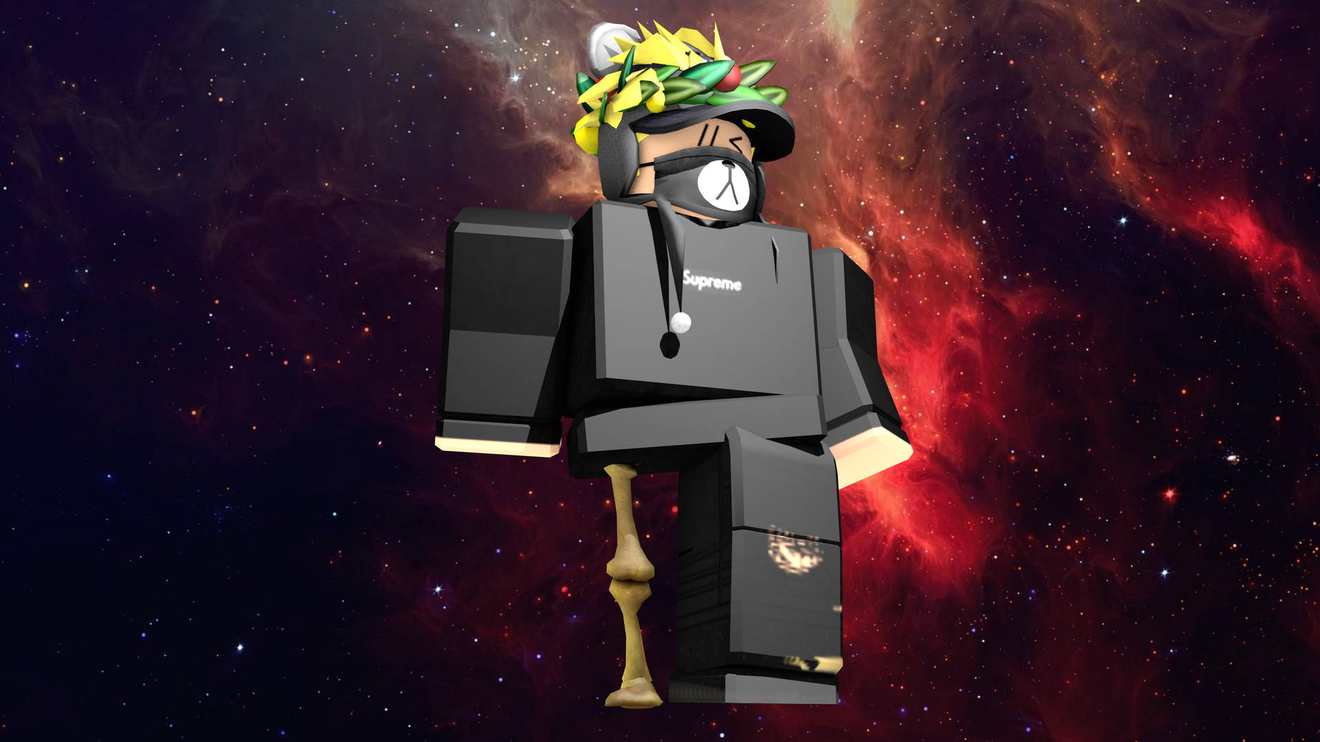 Roblox 頭像穿著 Supreme 服裝和葉冠，背景為色彩繽紛的太空 — Roblox 壁紙