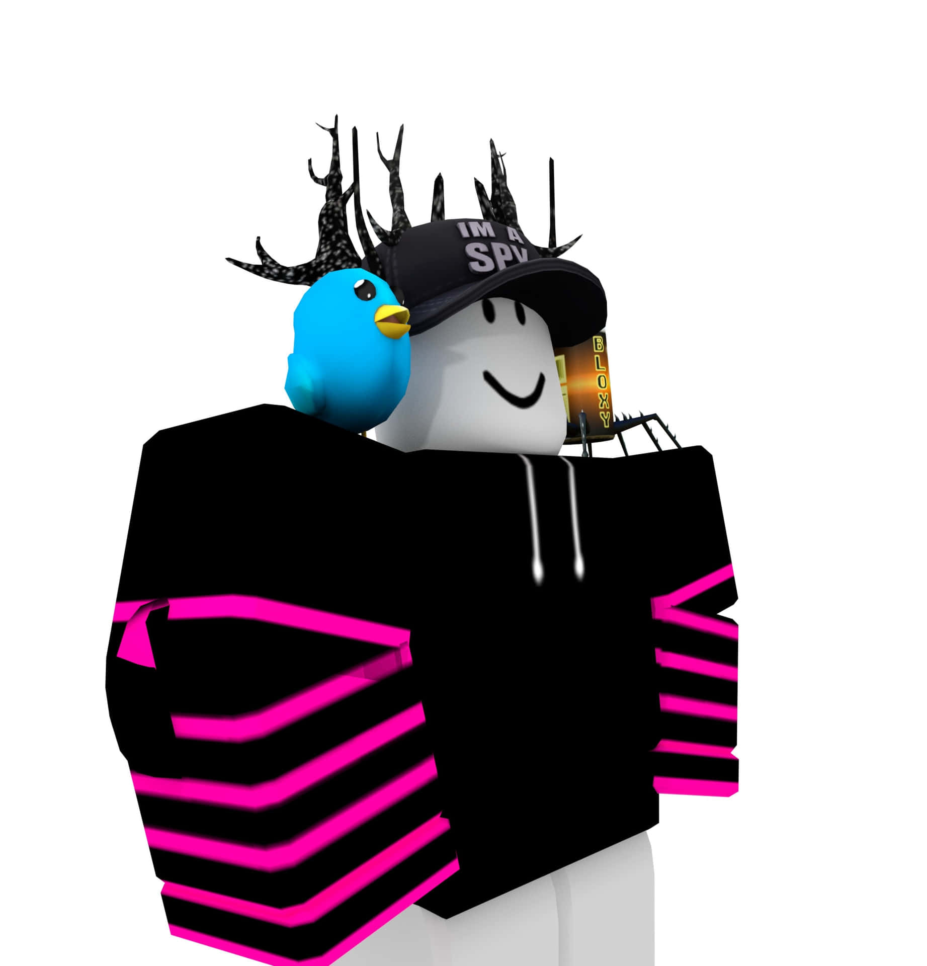Roblox虛擬角色，有鹿角和藍色小鳥，穿著螢光粉紅條紋連帽衫和間諜帽 — Roblox 壁紙