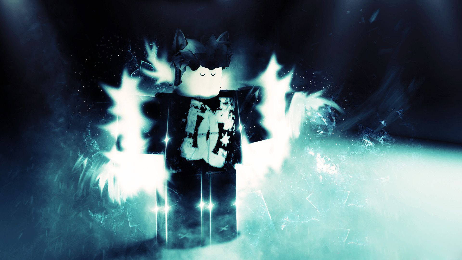 在黑暗場景中散發藍色能量的貓耳Roblox虛擬角色。 — Roblox 壁紙