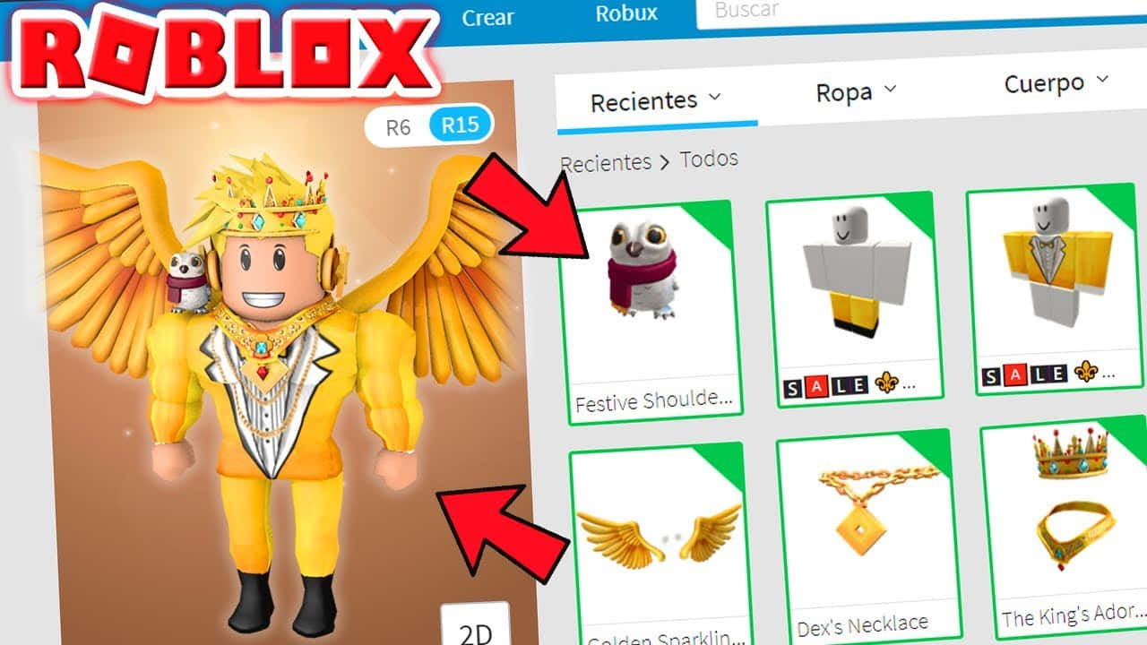 Roblox虛擬角色佩戴金色翅膀和皇冠，並顯示遊戲內商店物品。 — Roblox 壁紙