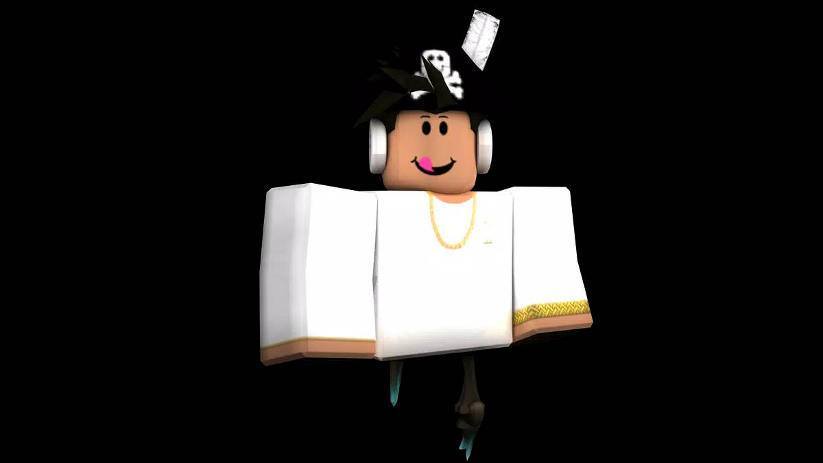 Roblox 角色戴著耳機和骷髏帽在黑暗中漂浮。 — Roblox 壁紙