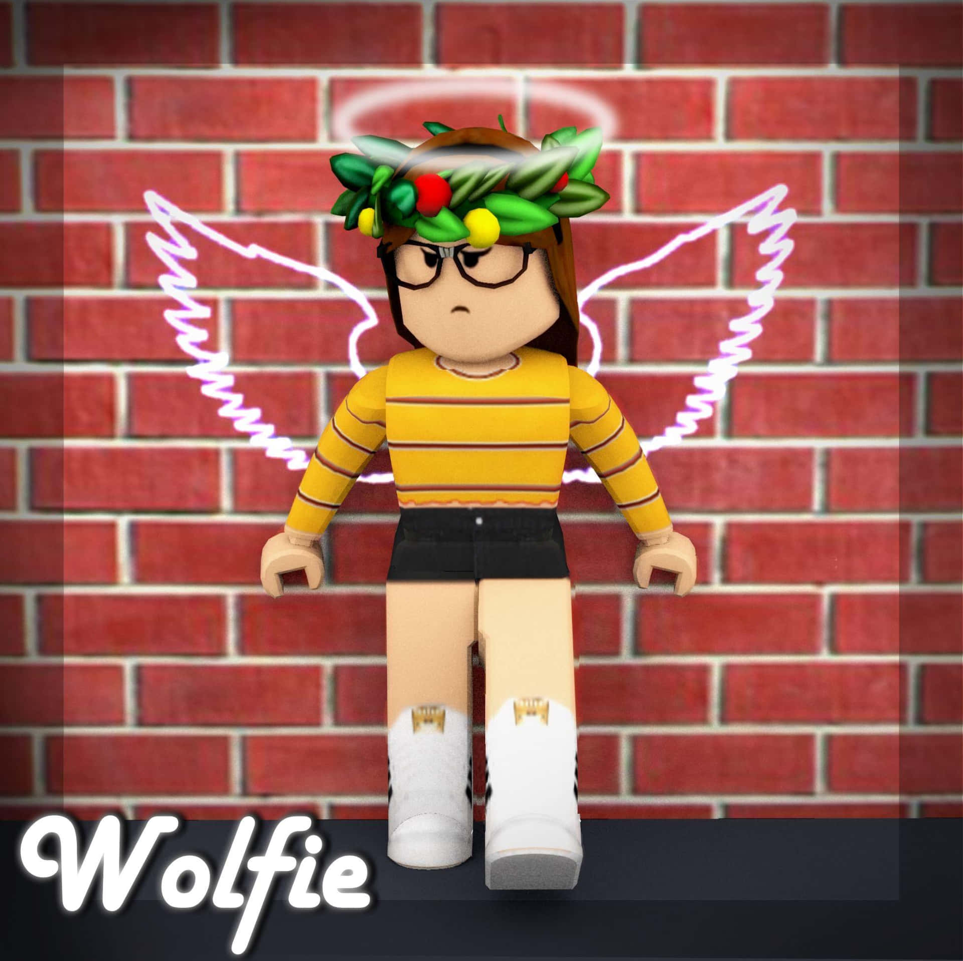  壁紙 — 一個戴著樹葉皇冠和發光翅膀的Roblox角色，站在紅磚牆前，穿著黃色條紋襯衫和白色運動鞋。