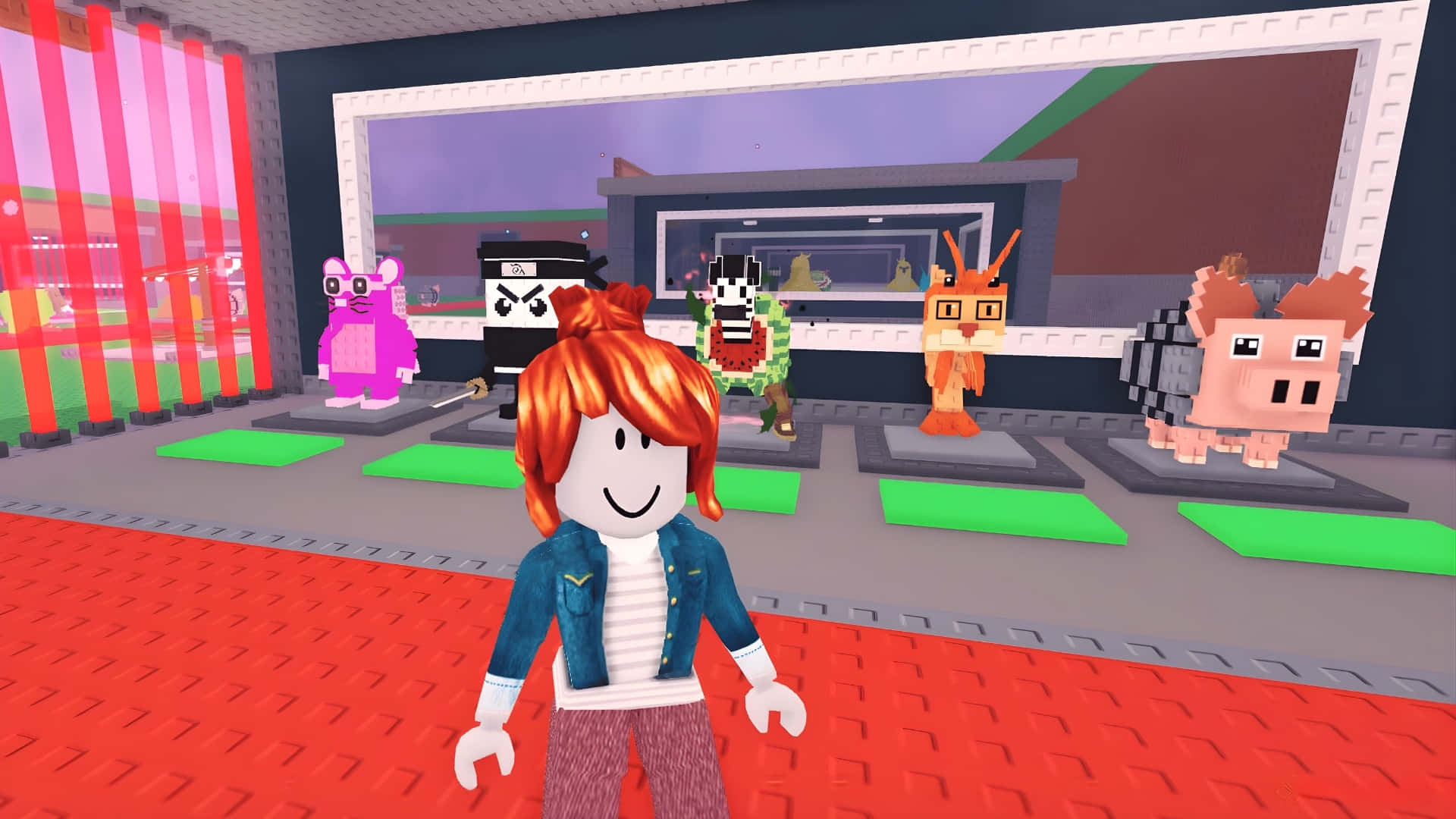  壁紙 — 一個橙色頭髮的 Roblox 角色站在一個充滿活力的數位畫廊中，展示綠色平台上的像素化動物角色。