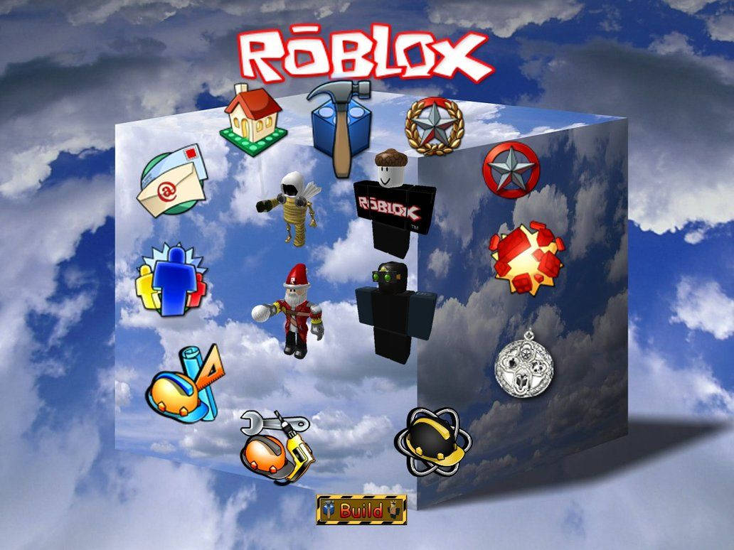 Roblox 遊戲物品和標誌漂浮在多雲的天空中。 — Roblox 壁紙