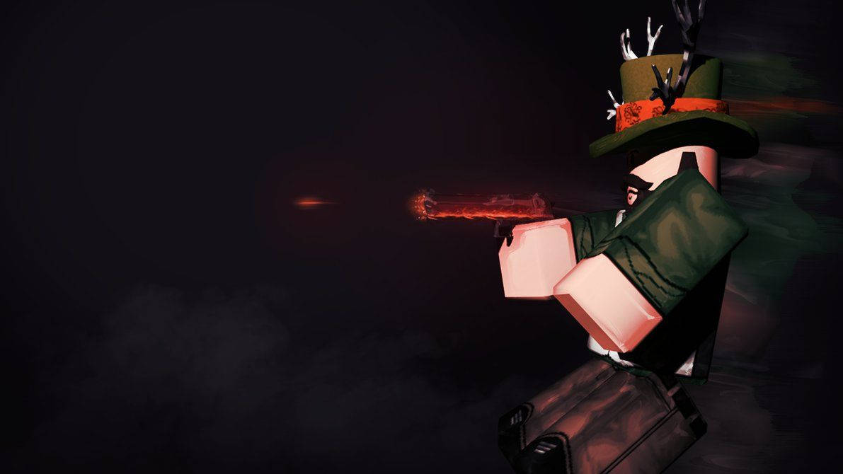 Roblox角色在黑暗煙霧環境中發射發光的紅色手槍。 — Roblox 壁紙